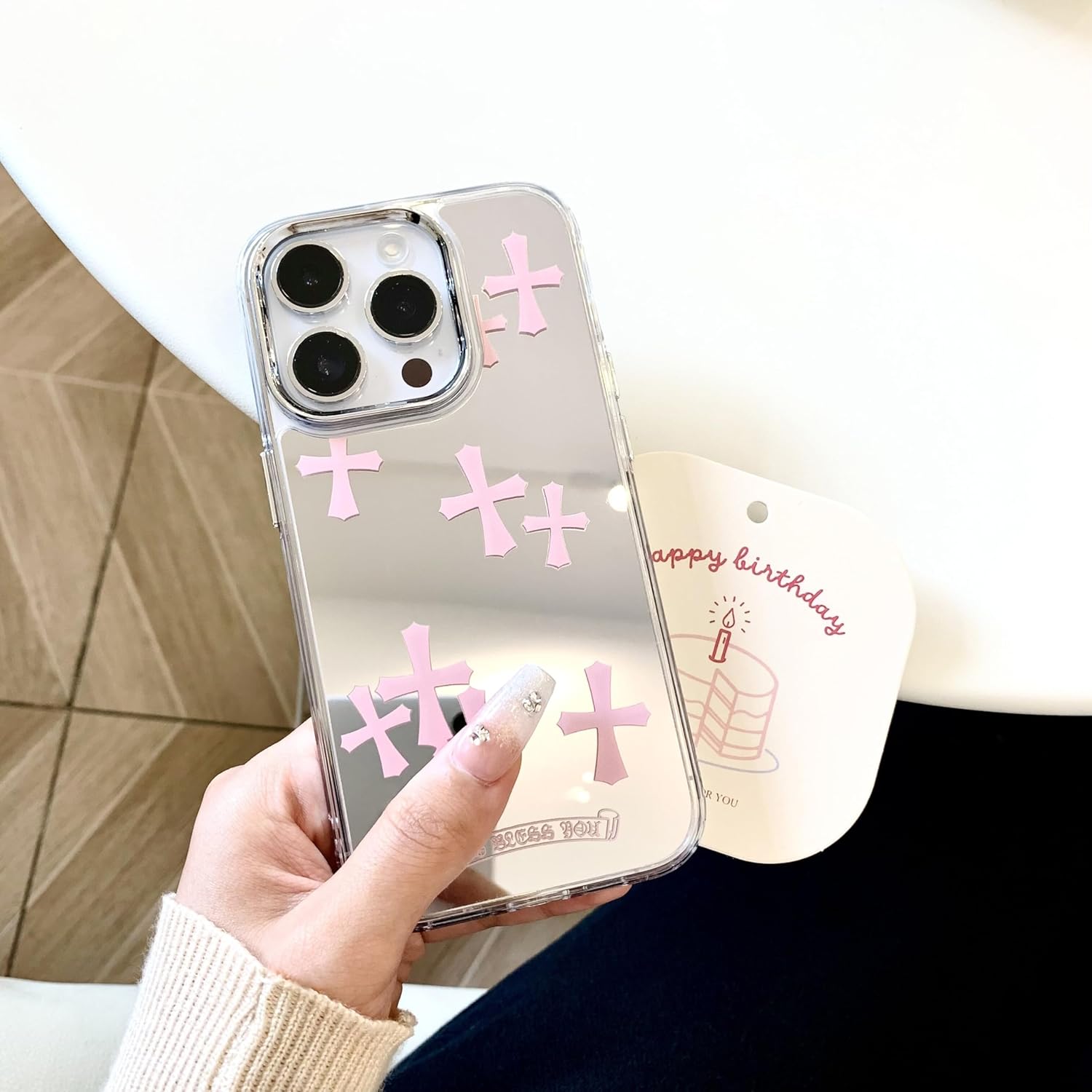 Fits iPhone 15 Pro Max Case Bless Cross Phone Case for iPhone 14 Shockproof Protective Cases Mirror Phone Case (Pink, 13/14)