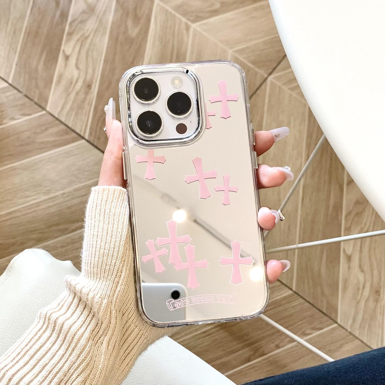 Fits iPhone 15 Pro Max Case Bless Cross Phone Case for iPhone 14 Shockproof Protective Cases Mirror Phone Case (Pink, 13/14)