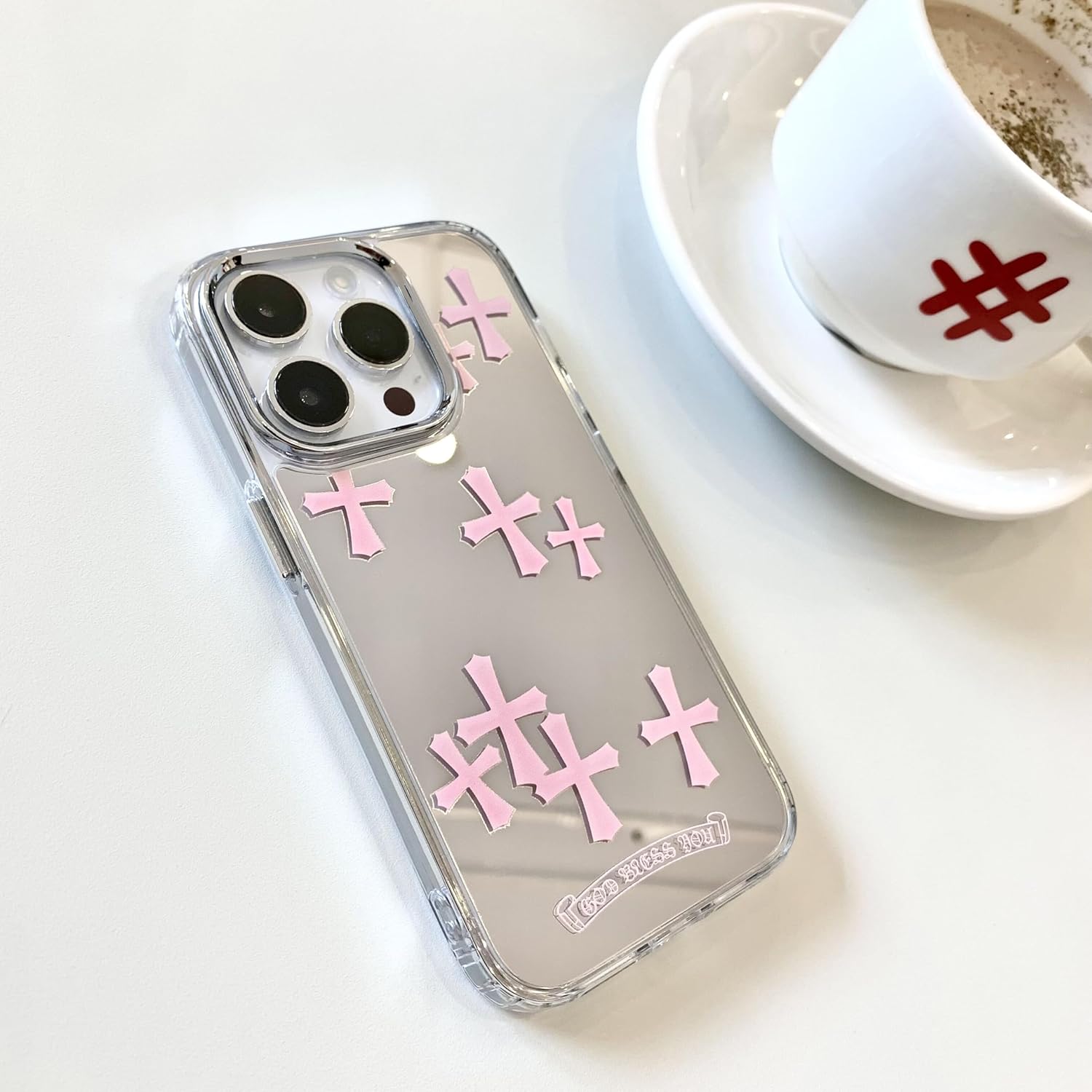 Fits iPhone 15 Pro Max Case Bless Cross Phone Case for iPhone 14 Shockproof Protective Cases Mirror Phone Case (Pink, 13/14)
