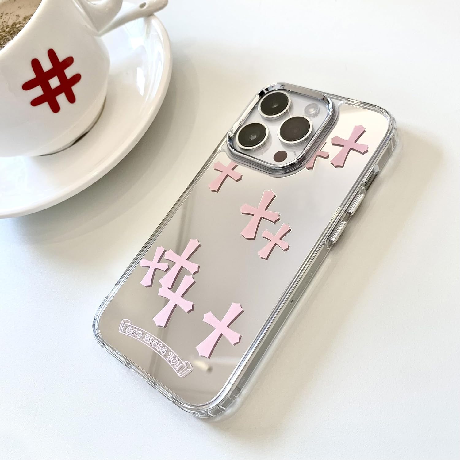 Fits iPhone 15 Pro Max Case Bless Cross Phone Case for iPhone 14 Shockproof Protective Cases Mirror Phone Case (Pink, 13/14)