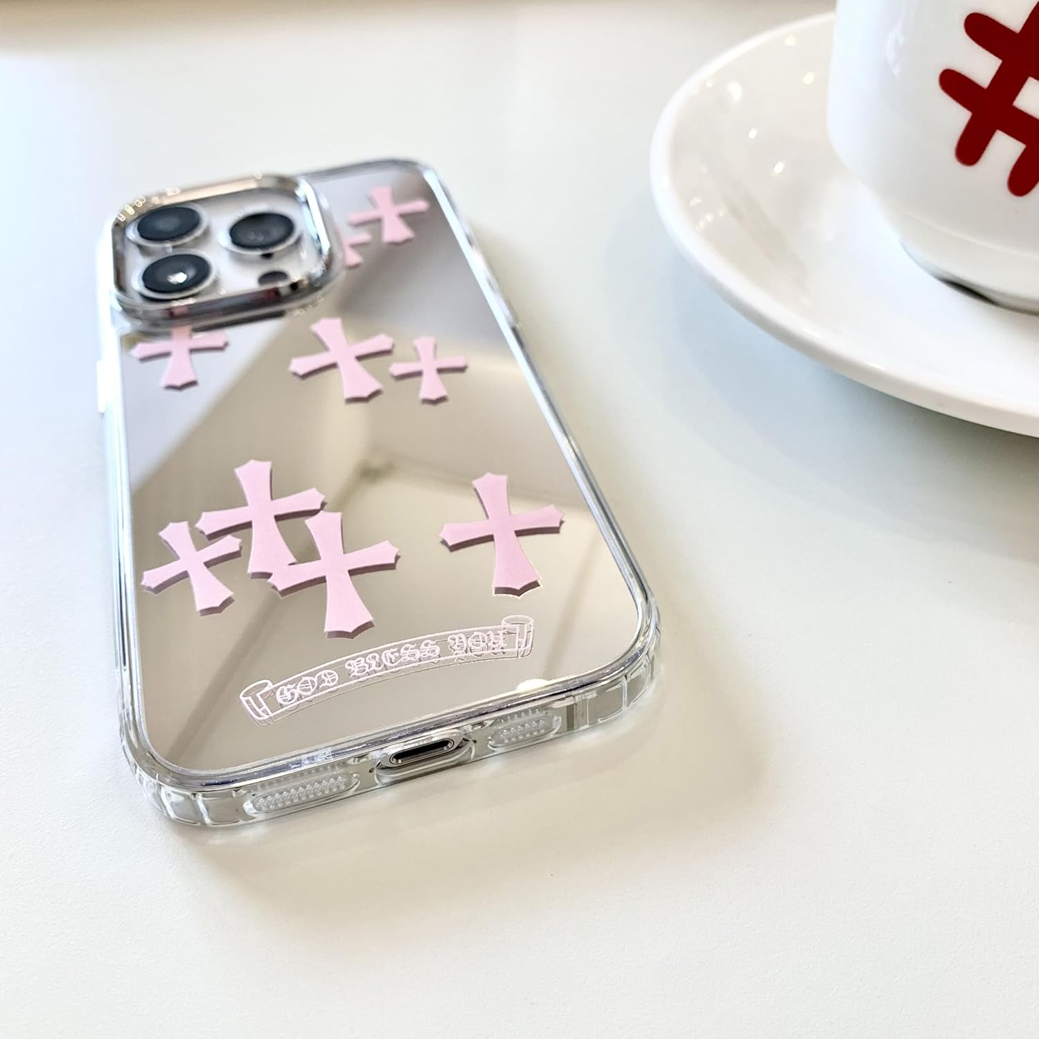 Fits iPhone 15 Pro Max Case Bless Cross Phone Case for iPhone 14 Shockproof Protective Cases Mirror Phone Case (Pink, 13/14)