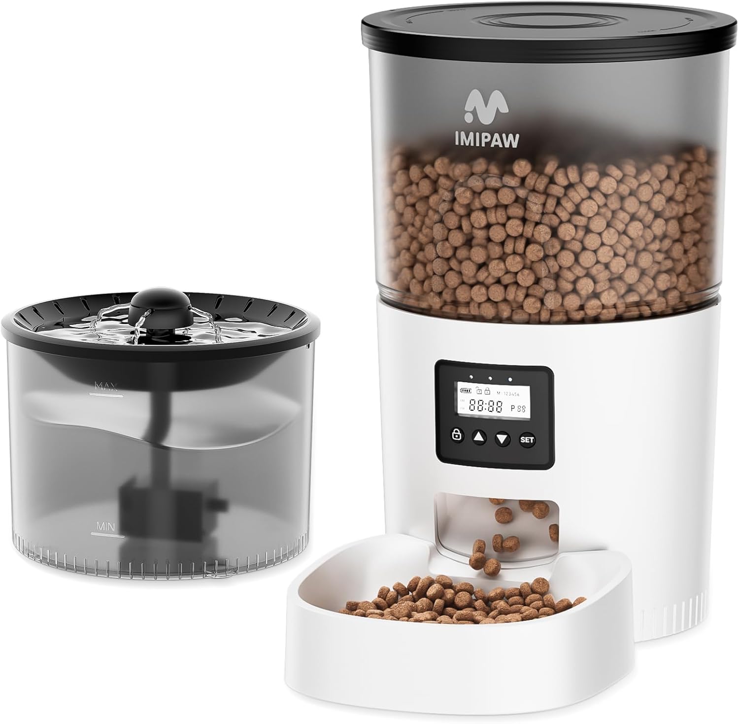 Automatic Cat Feeder and Water Fountain, Timed Pet Dry Food Dispenser, Programmable Portion Control, 1-6 Meals Per Day, Cat Fountains for Drinking with Filter, Small Pets (3L Combo) · v2