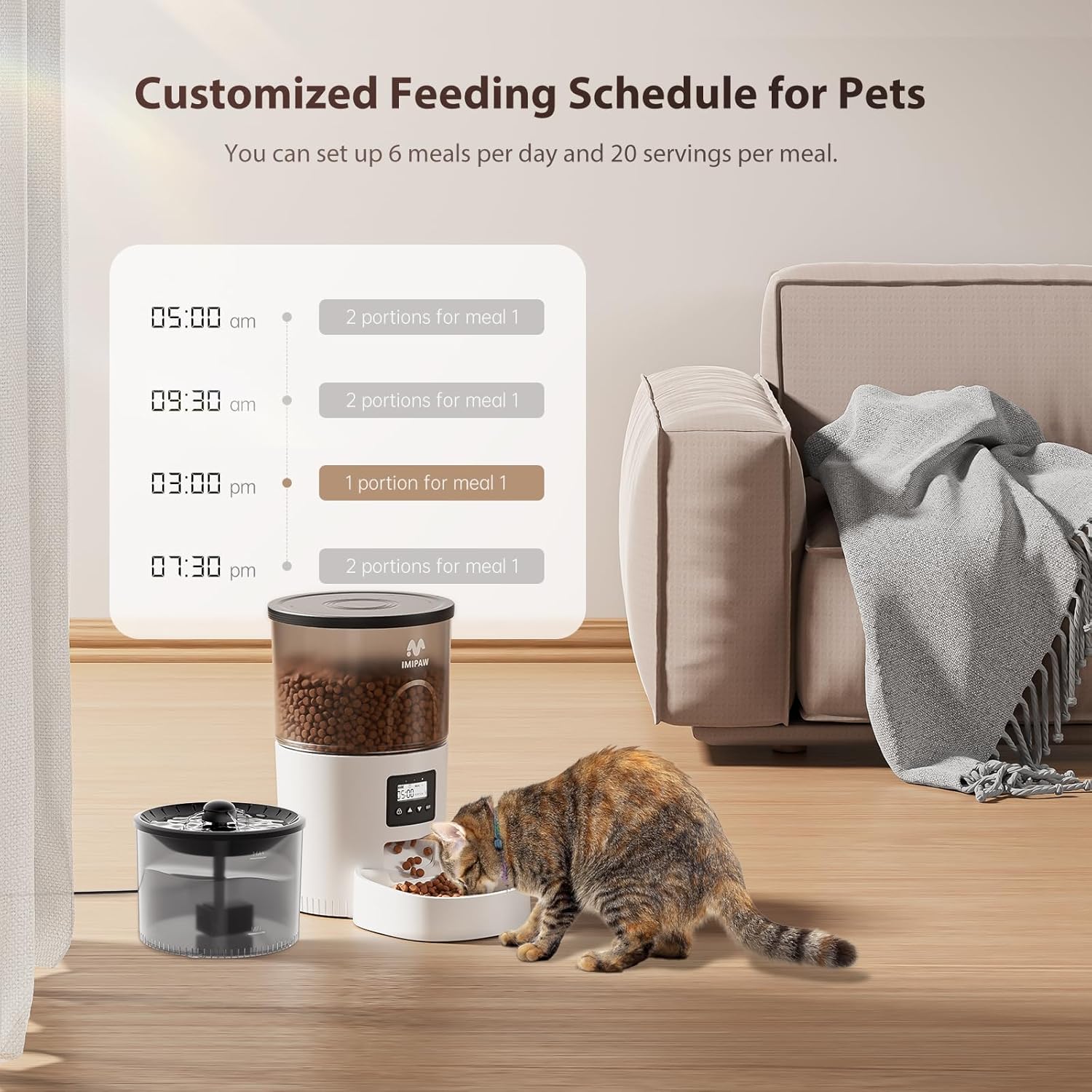 Automatische kattenvoeder en waterfontein, droogvoerautomaat voor huisdieren met timer, programmeerbare portieregeling, 1-6 maaltijden per dag, kattenfonteinen om te drinken met filter, kleine huisdieren (combinatie van 3 liter)