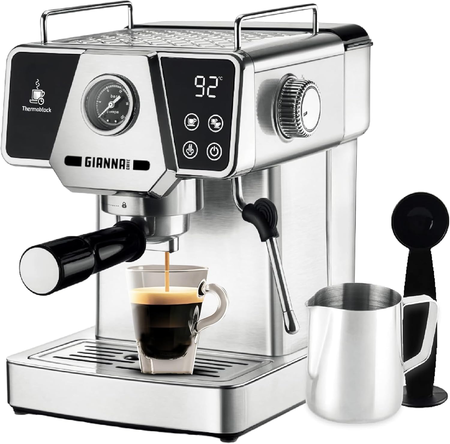 เครื่องชงกาแฟเอสเพรสโซ Gianna Milano สำหรับลาเต้คาปูชิโน - เครื่องชงกาแฟอัตโนมัติอัจฉริยะขนาดเล็กสำหรับชงทีละแก้วพร้อมเครื่องตีฟองนม 20 บาร์ ถังน้ำ 1.8 ลิตร และระบบอุ่นแก้ว