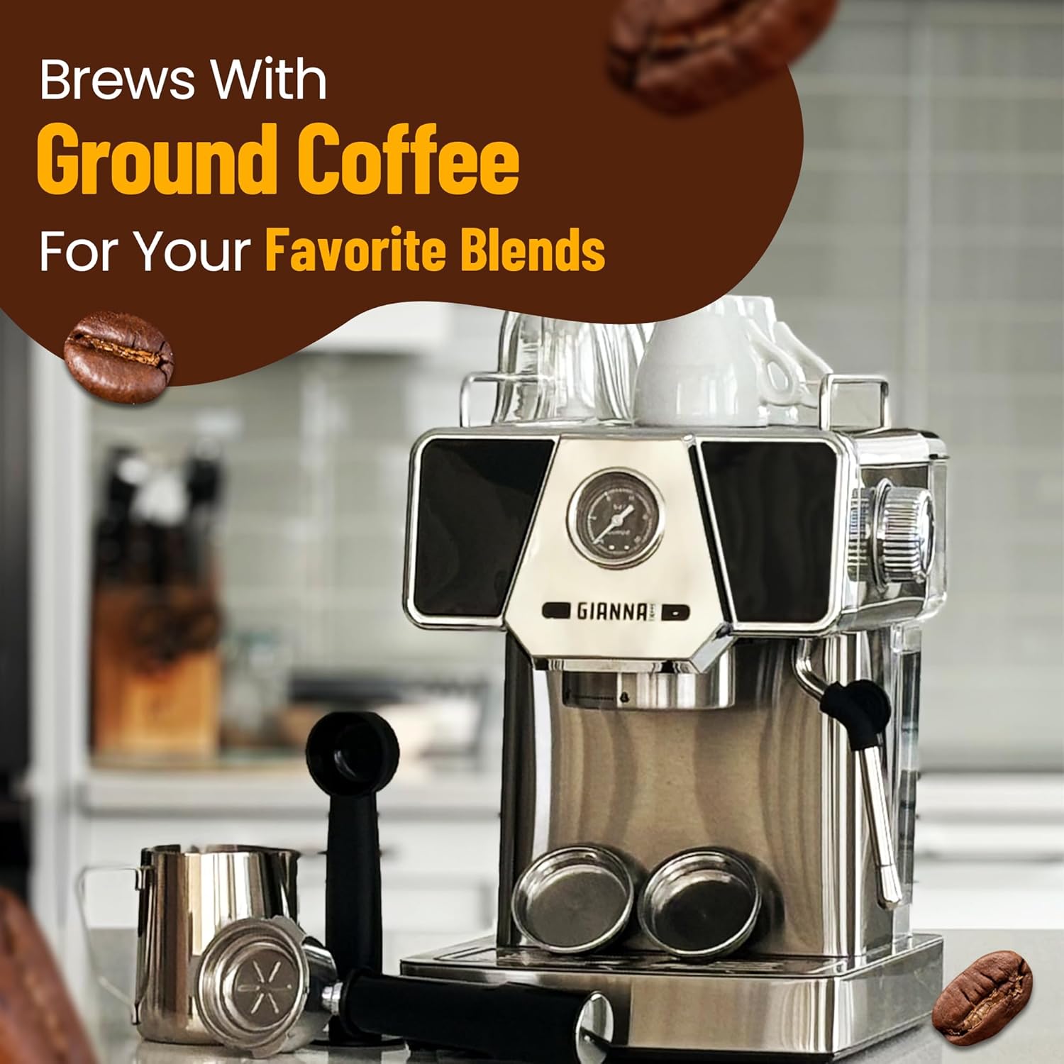 เครื่องชงกาแฟเอสเพรสโซ Gianna Milano สำหรับลาเต้คาปูชิโน - เครื่องชงกาแฟอัตโนมัติอัจฉริยะขนาดเล็กสำหรับชงทีละแก้วพร้อมเครื่องตีฟองนม 20 บาร์ ถังน้ำ 1.8 ลิตร และระบบอุ่นแก้ว
