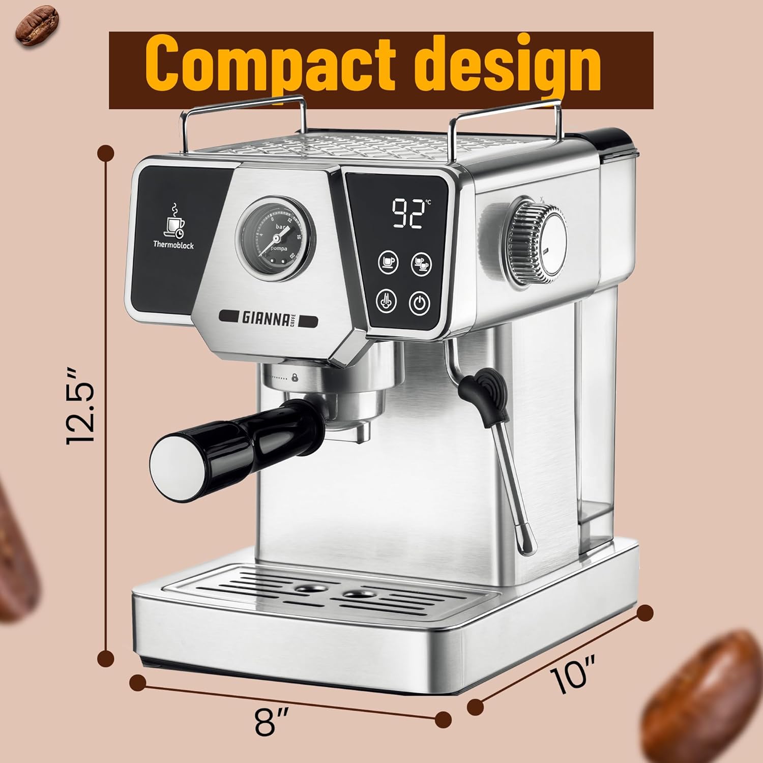 เครื่องชงกาแฟเอสเพรสโซ Gianna Milano สำหรับลาเต้คาปูชิโน - เครื่องชงกาแฟอัตโนมัติอัจฉริยะขนาดเล็กสำหรับชงทีละแก้วพร้อมเครื่องตีฟองนม 20 บาร์ ถังน้ำ 1.8 ลิตร และระบบอุ่นแก้ว