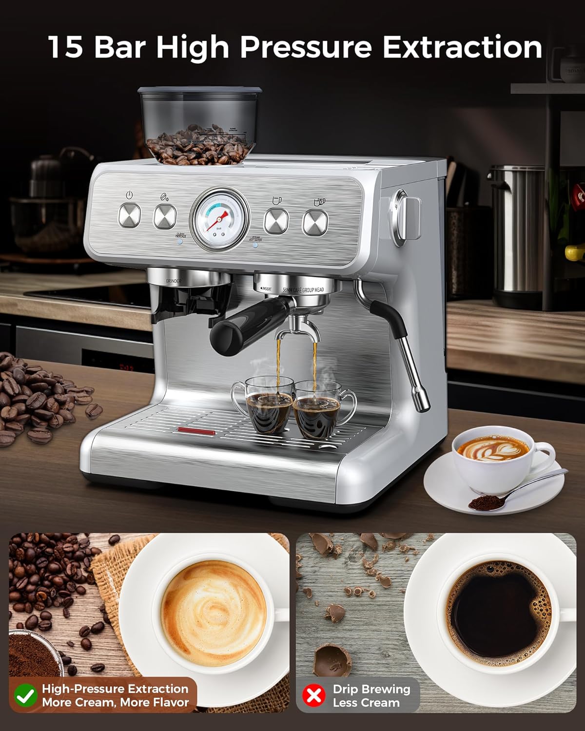 COWSAR Espresso Machine 15 Bar, Semi-Automatic Espresso Maker with Bean Grinder and Milk Frother Steam Wand, 75 oz Removable Water Tank for Cappuccino, Latte, Stainless Steel · v2