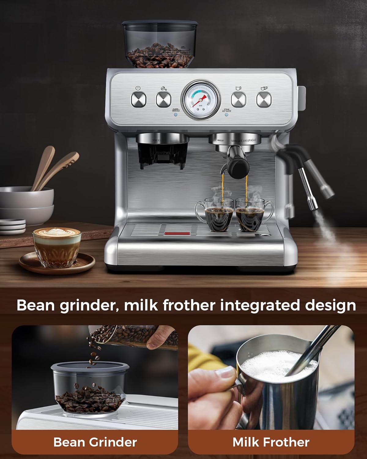 COWSAR Espresso Machine 15 Bar, Semi-Automatic Espresso Maker with Bean Grinder and Milk Frother Steam Wand, 75 oz Removable Water Tank for Cappuccino, Latte, Stainless Steel · v2