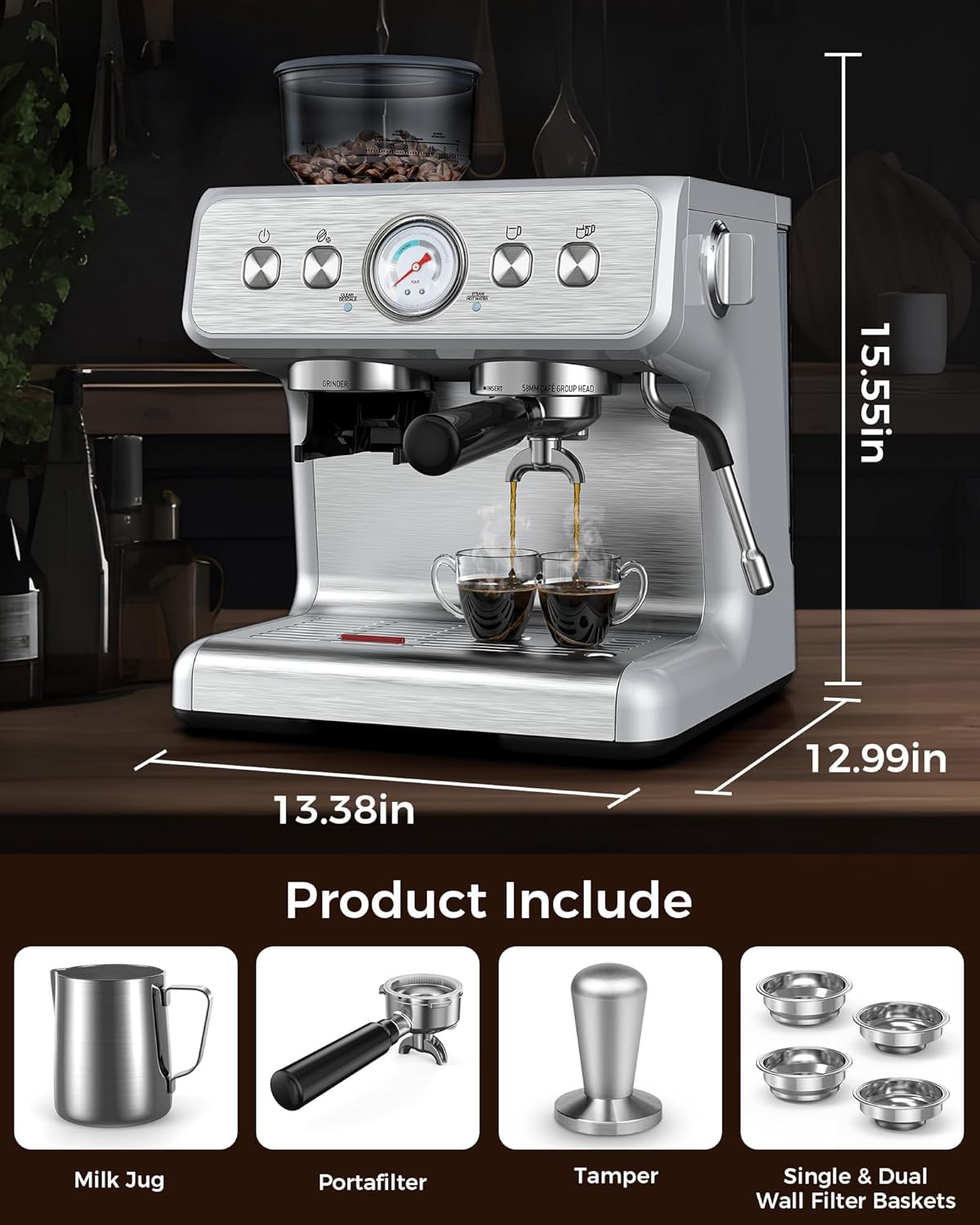 COWSAR Espresso Machine 15 Bar, Semi-Automatic Espresso Maker with Bean Grinder and Milk Frother Steam Wand, 75 oz Removable Water Tank for Cappuccino, Latte, Stainless Steel · v2