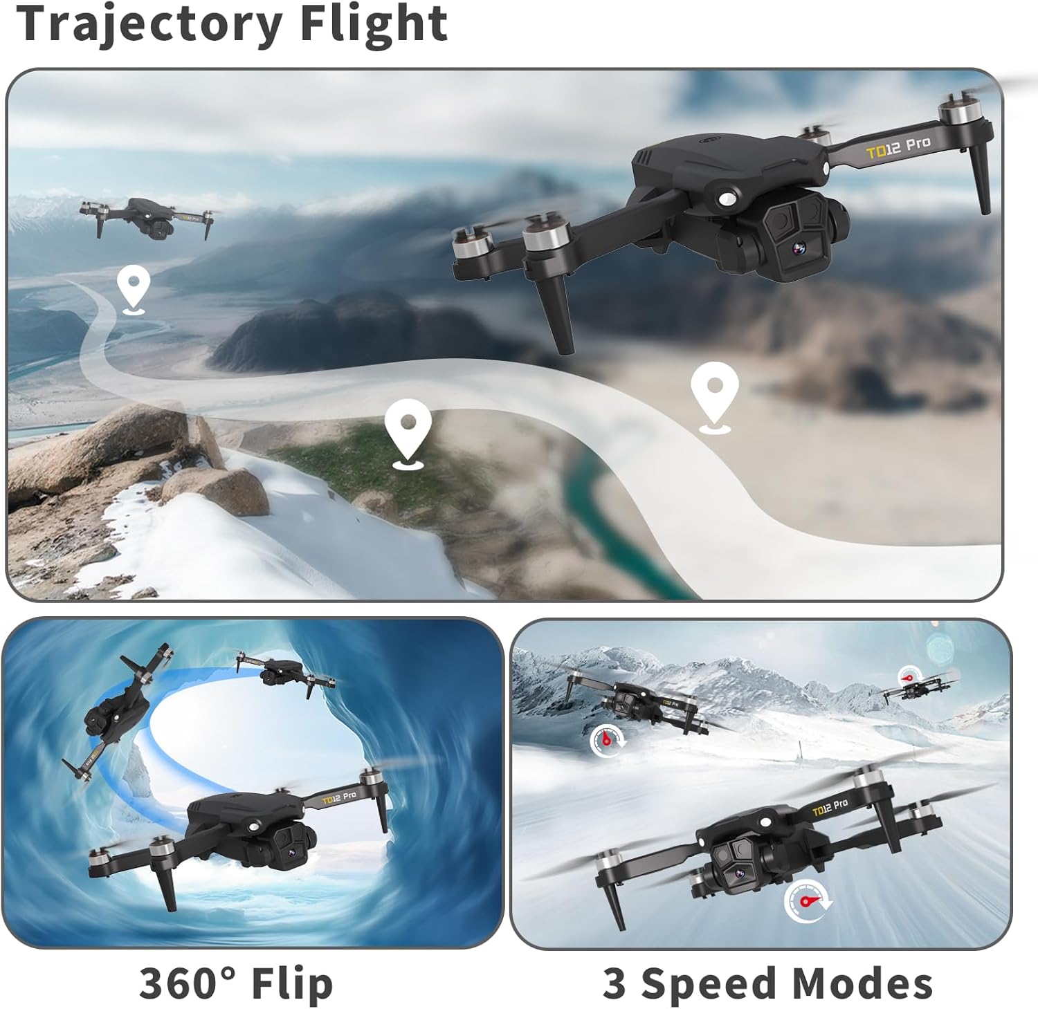 카메라가 장착된 드론, 무브러시 모터 2개 카메라가 장착된 미니 드론 FPV 전송 모터화 조절 가능한 90° 광학 흐름 위치 지정 RC 쿼드콥터 성인 초보자용 TD12Pro