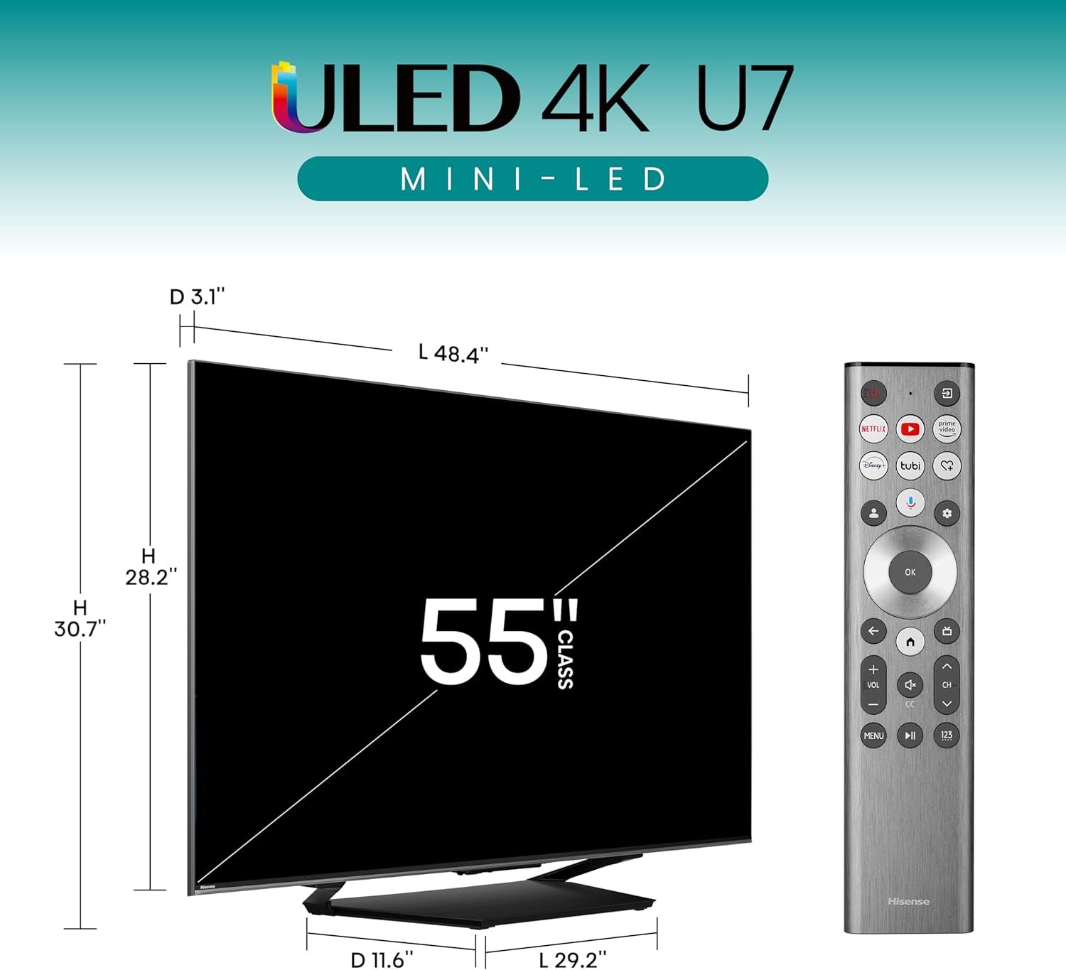 Hisense 55-Inch Class U7 Series Mini-LED ULED 4K UHD Google Smart TV (55U7N, 2024 Model) - QLED, Native 144Hz, Motion Rate 480, Full Array Local Dimming, Game Mode Pro, Alexa Compatibility · v3