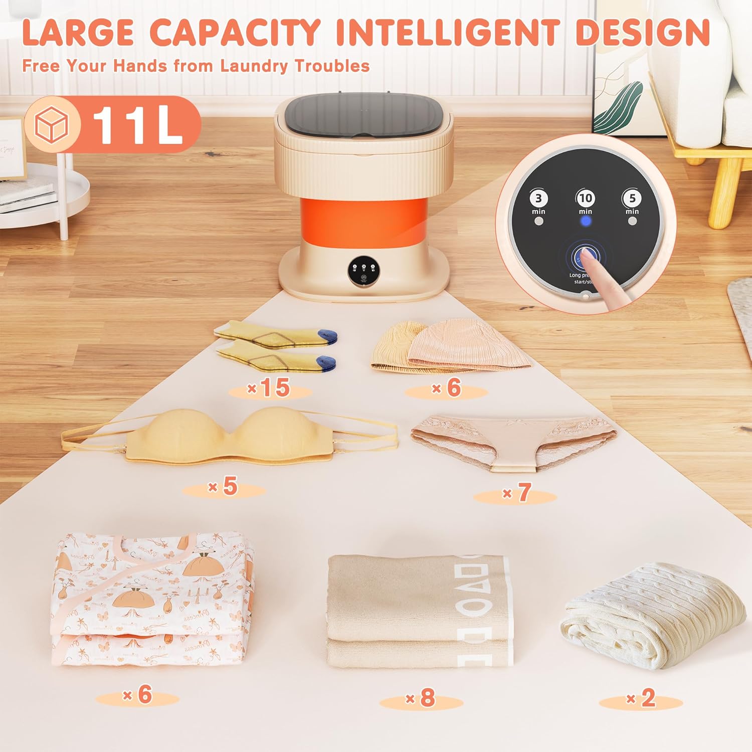 Greenvelly tragbare Waschmaschine, Faltbare Mini-Waschmaschine, Mini-Waschmaschine mit 11 l Fassungsvermögen für Unterwäsche, Babykleidung und kleine Kleidung, Kleine Waschmaschine für Wohnungen, Wohnmobile, Reisen (Orange)