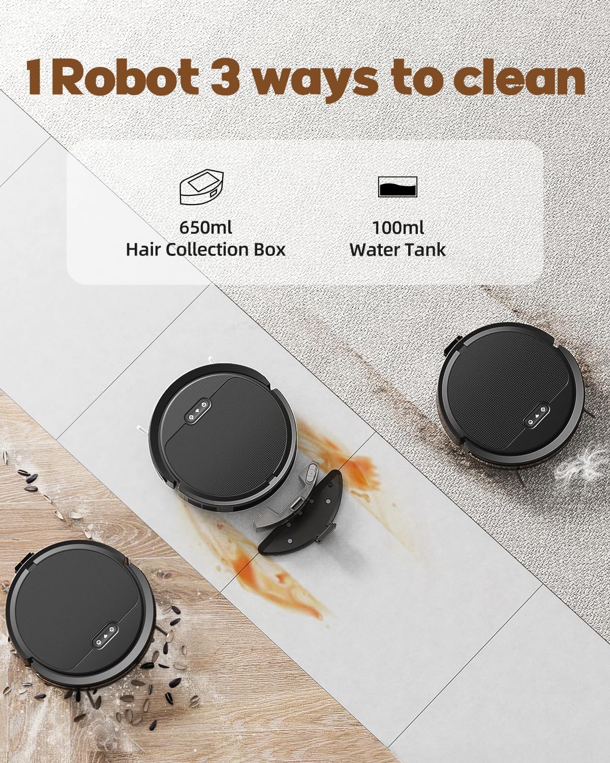 Aspirateur robot et serpillière V3 avec une puissance d'aspiration de 5 000 Pa, fonctionne avec 2,4 GWiFi/ Alexa/App/, aspirateur autorechargeable, sans enchevêtrement, idéal pour les poils d'animaux, les tapis et les sols durs