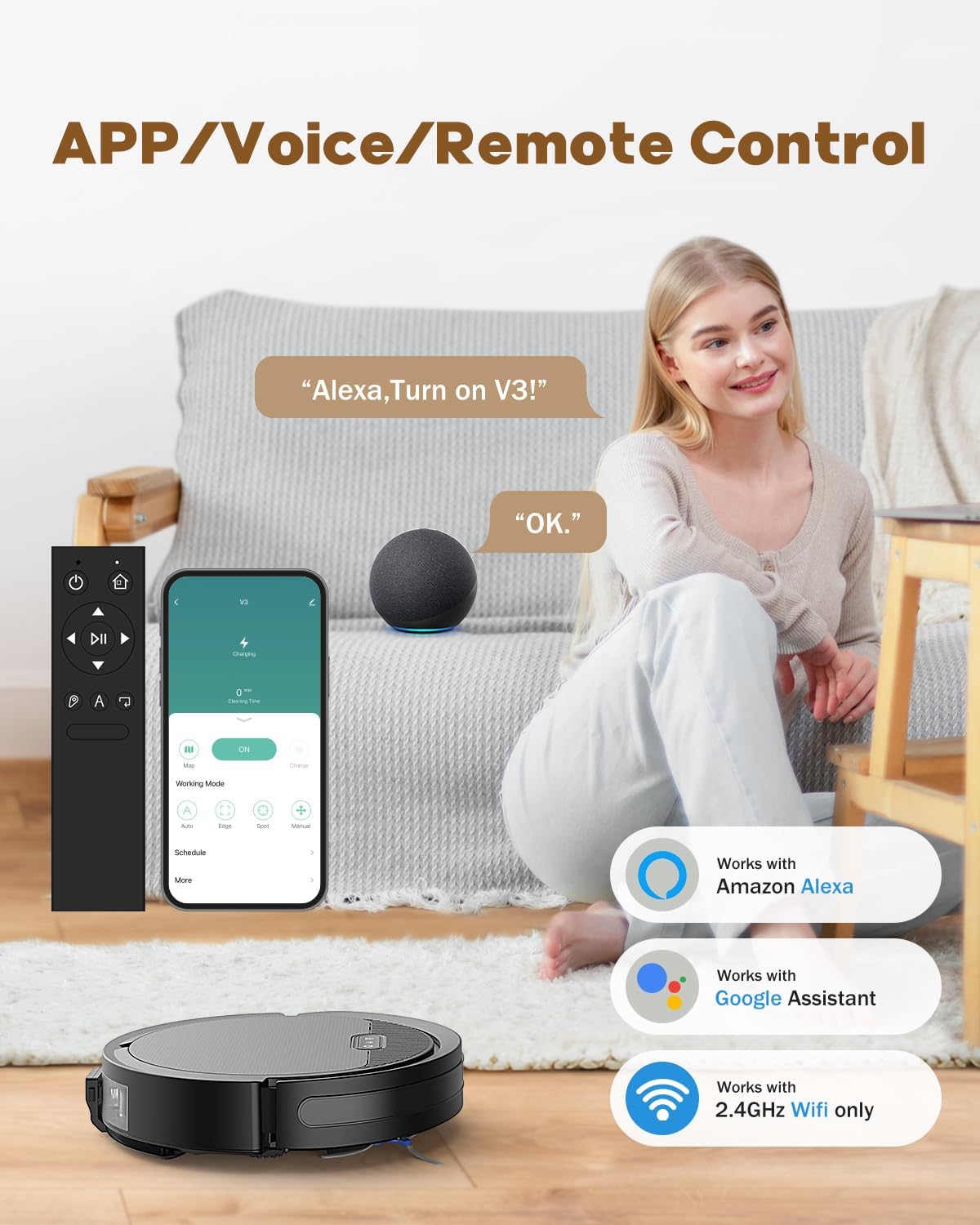 Aspirateur robot et serpillière V3 avec une puissance d'aspiration de 5 000 Pa, fonctionne avec 2,4 GWiFi/ Alexa/App/, aspirateur autorechargeable, sans enchevêtrement, idéal pour les poils d'animaux, les tapis et les sols durs