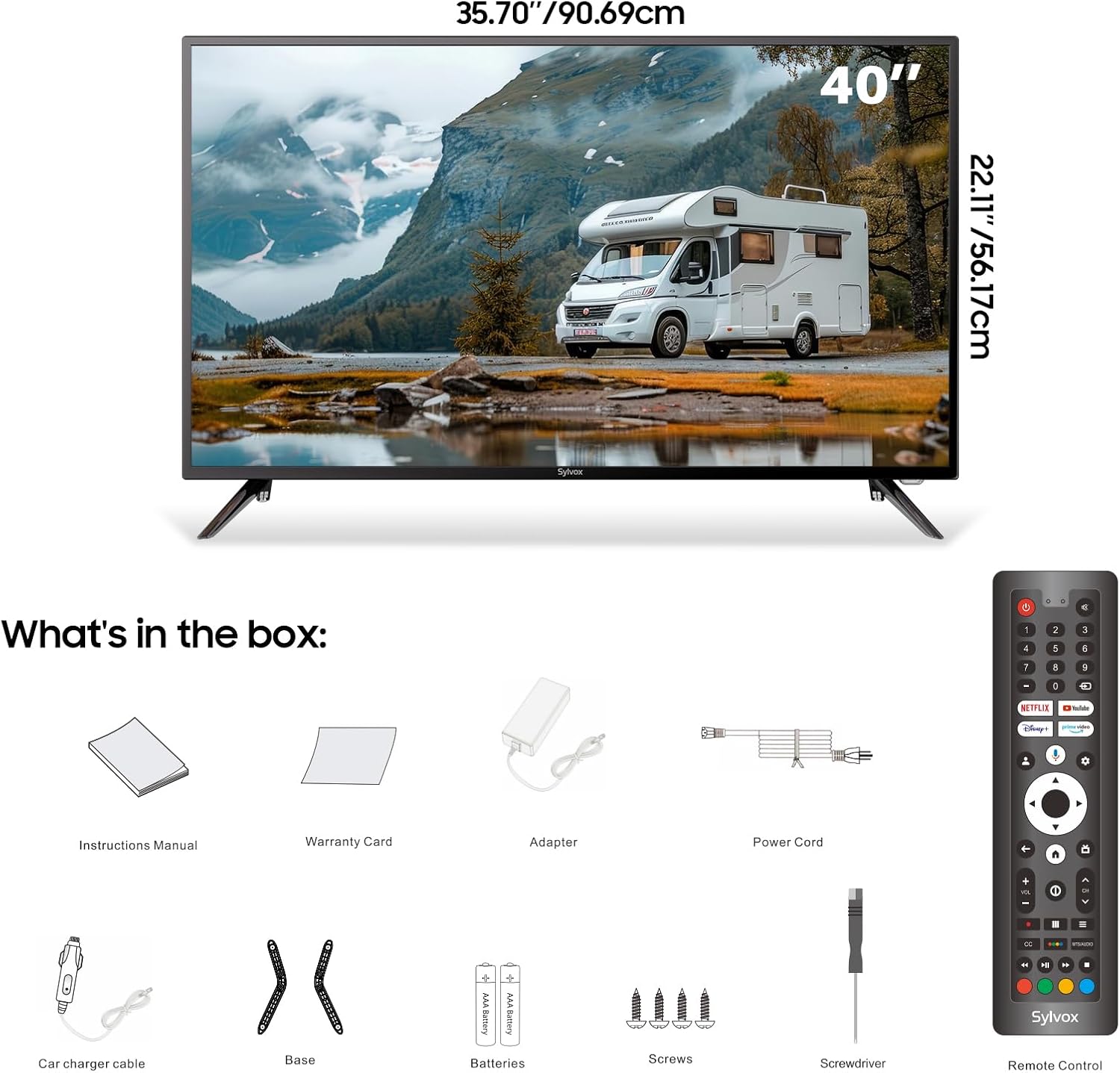 SYLVOX Smart RV TV ทีวี 40 นิ้ว 12-24V สำหรับ RV Camper ขับเคลื่อนด้วย DC/AC 1080P รองรับการดาวน์โหลดแอพ Google Assistant บลูทูธ WiFi สมาร์ททีวีสำหรับบ้าน รถยนต์ รถตู้ รถบรรทุก