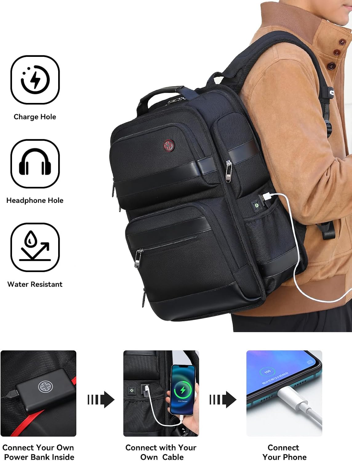 CROSSGEAR Zaino per laptop da lavoro da 16 pollici per uomo, zaino da viaggio resistente all'acqua, borsa per laptop, zaino per computer, zaino casual con porta USB per viaggiare