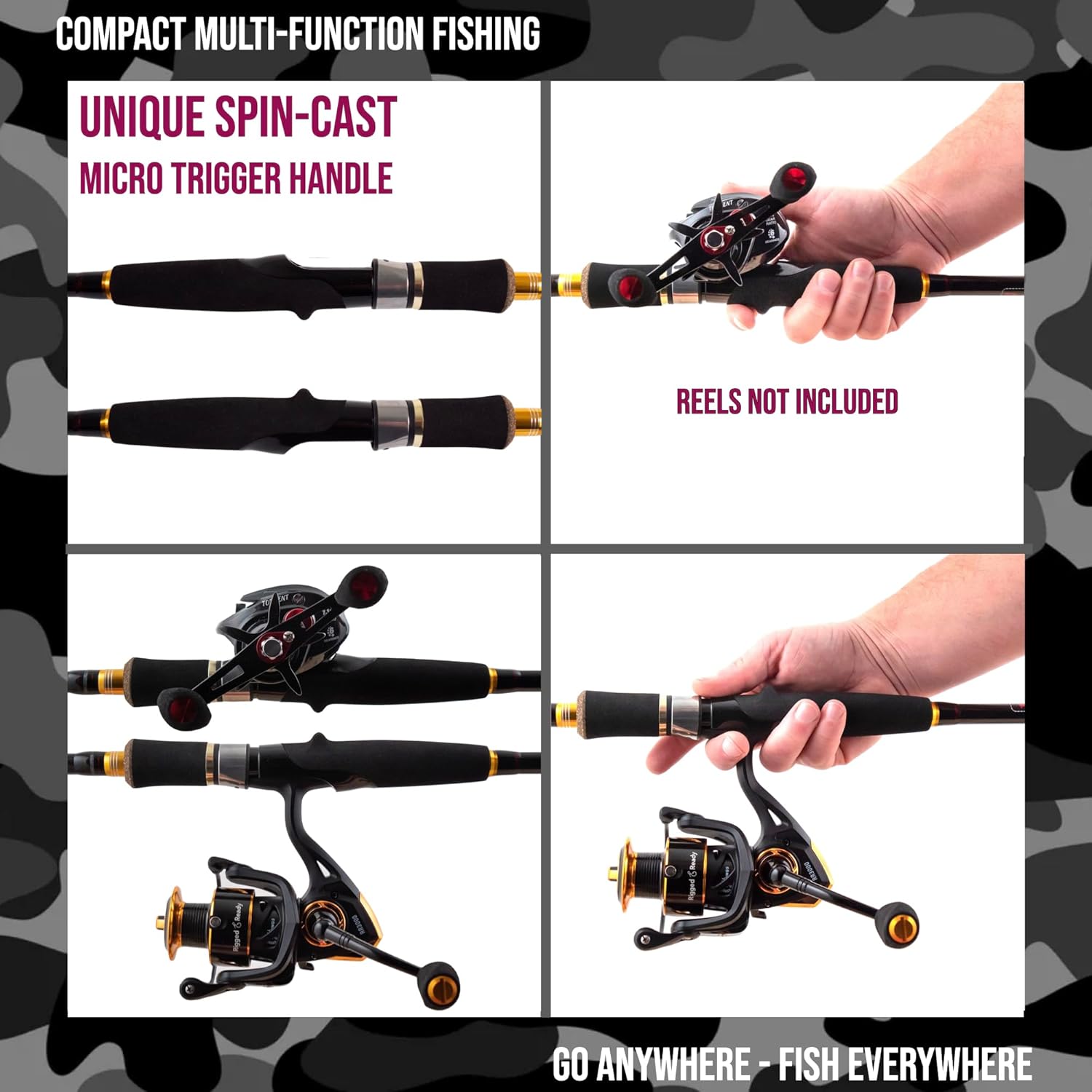Rigged and Ready Predator Series Spin-Baitcast Fishing Rods. Compact hi-Carbon rods. Unique Spin/cast Micro Trigger. 4 Rod Sections, 2 Tips, case for Mobile Travel Rod Angling. Max 15Kg 33lbs Fish · v8