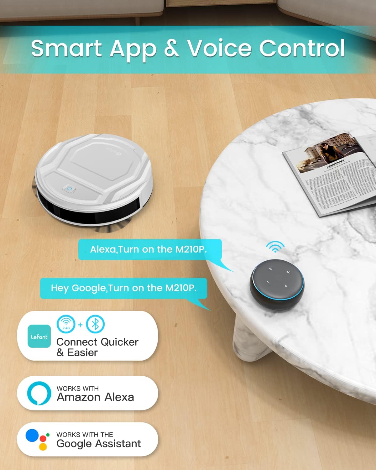 Lefant M210 Pro Robot Vacuum with 2200Pa Suction, 120 Mins Runtime, 6 Cleaning Modes, Quiet, Self-Charging, Wi-Fi/App Control, Ideal for Pet Hair and Hard Floor, White