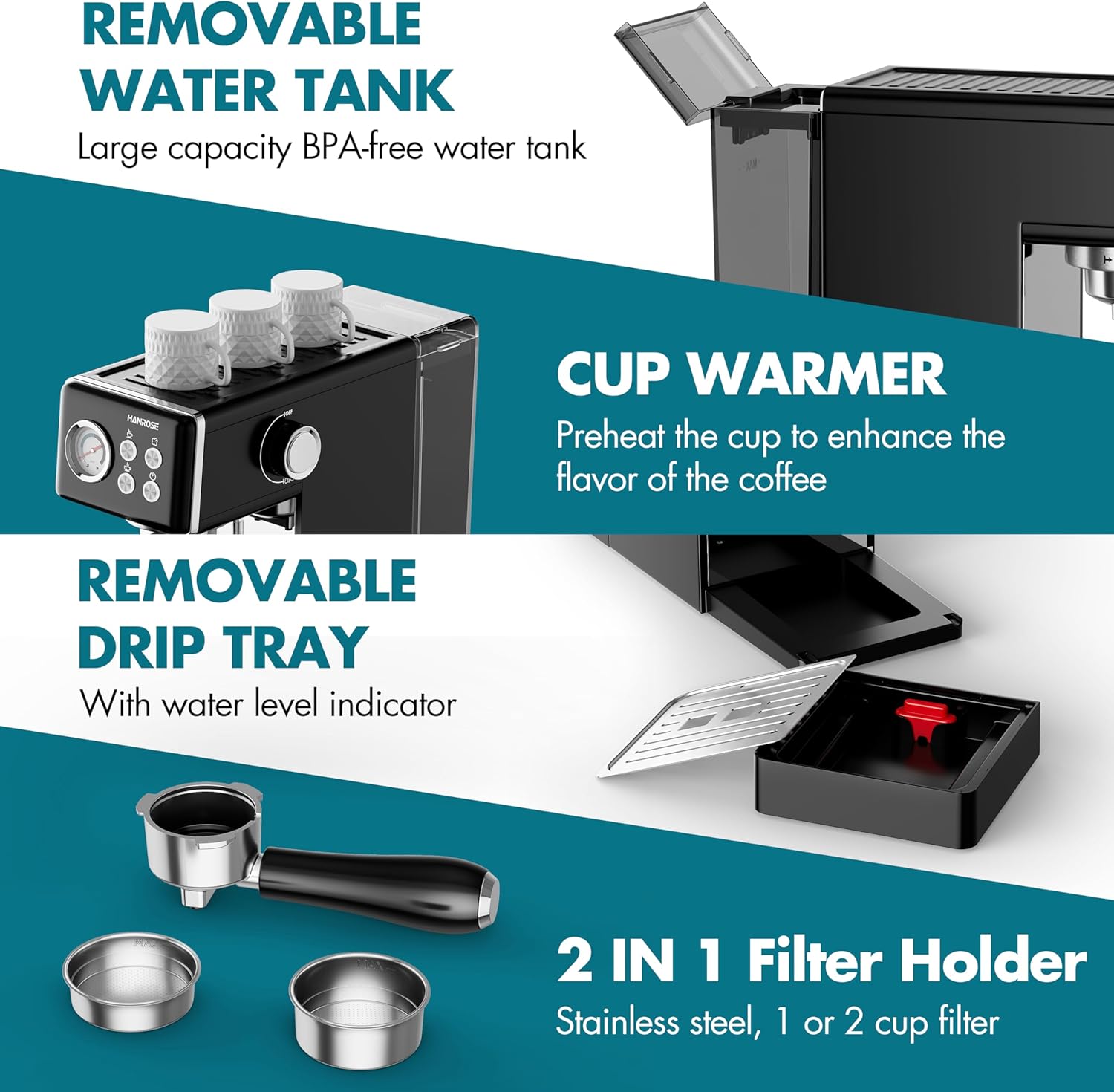 Espresso Machine 15 Bar, Espresso Machines with Milk Frother Steam Wand, Black Espresso Coffee Machine for Home, Stainless Steel Espresso Maker Compact, Cappuccino  Latte Machine · v2