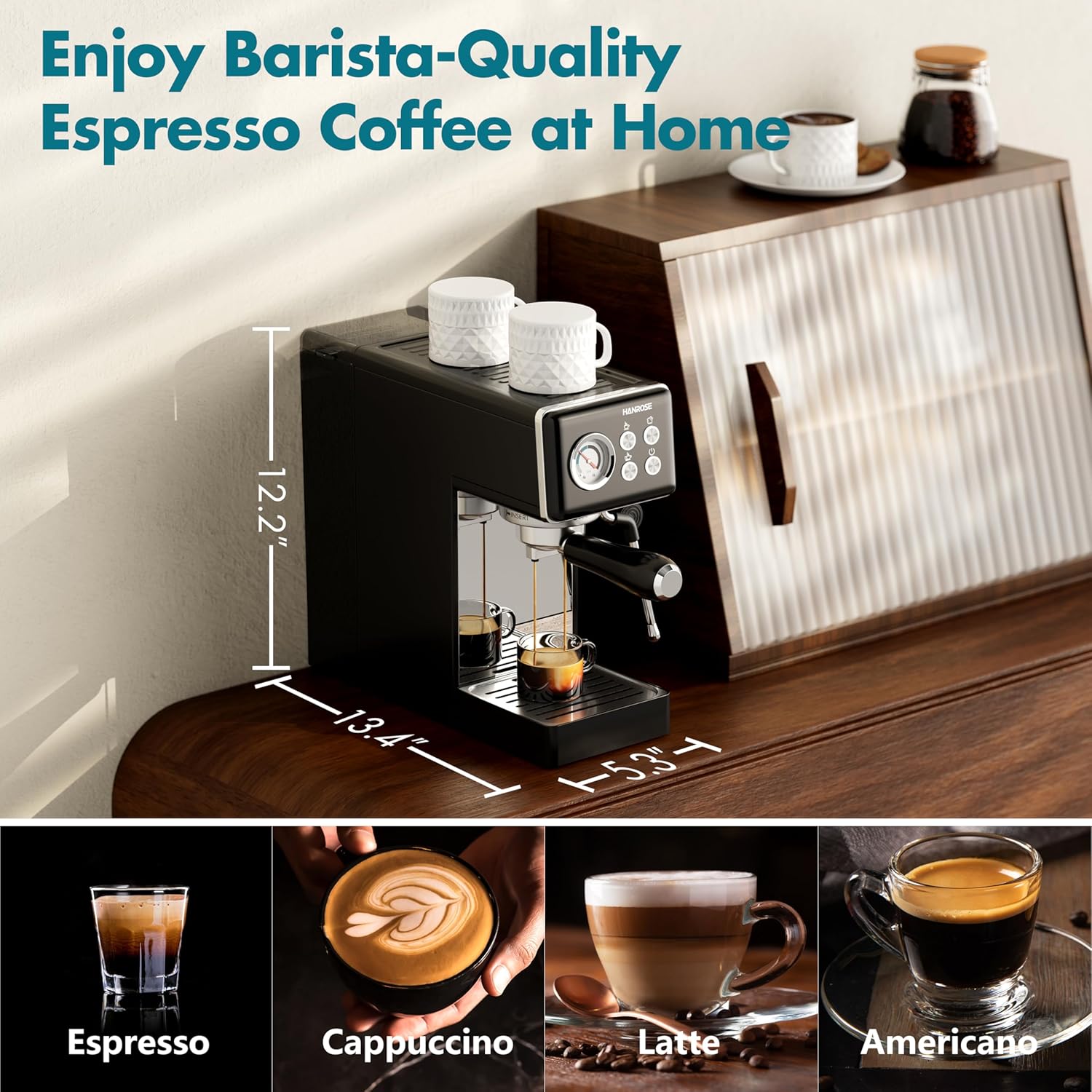 Espresso Machine 15 Bar, Espresso Machines with Milk Frother Steam Wand, Black Espresso Coffee Machine for Home, Stainless Steel Espresso Maker Compact, Cappuccino  Latte Machine · v2