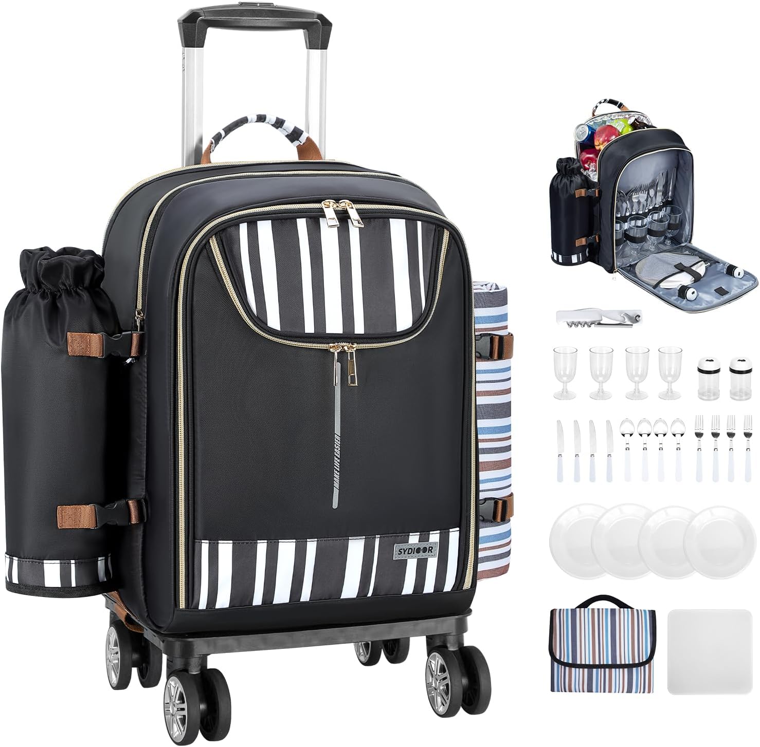 Trolley Picnic Backpack for 4 Person - Blanket  Tableware Set, Detachable Wine Pouch - Ideal for Beach, BBQ, Camping, Trip, Park, Gifts for Friends, Adventures, Patio, Lawn, Garden · v2