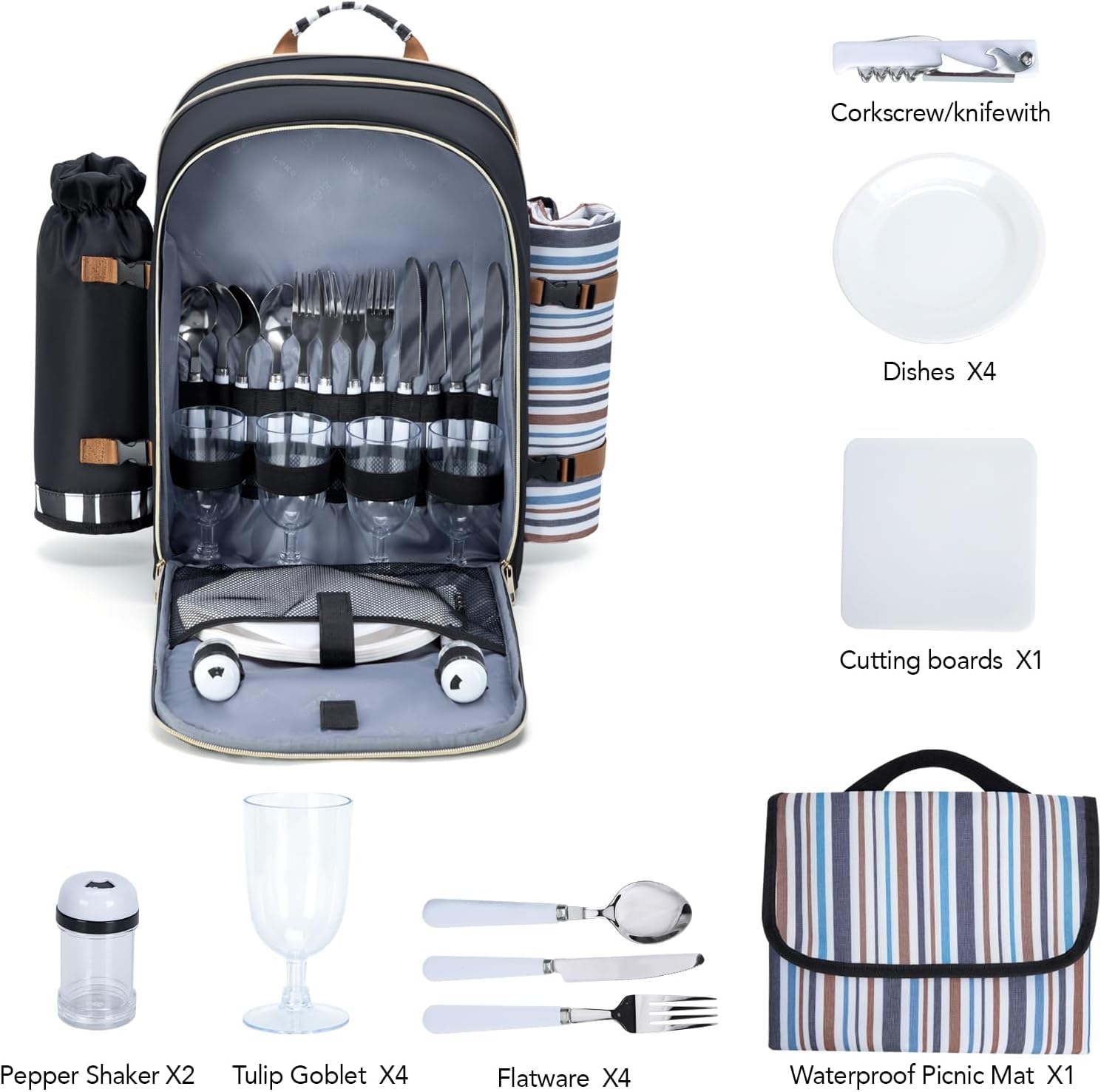 Trolley Picnic Backpack for 4 Person - Blanket  Tableware Set, Detachable Wine Pouch - Ideal for Beach, BBQ, Camping, Trip, Park, Gifts for Friends, Adventures, Patio, Lawn, Garden · v2
