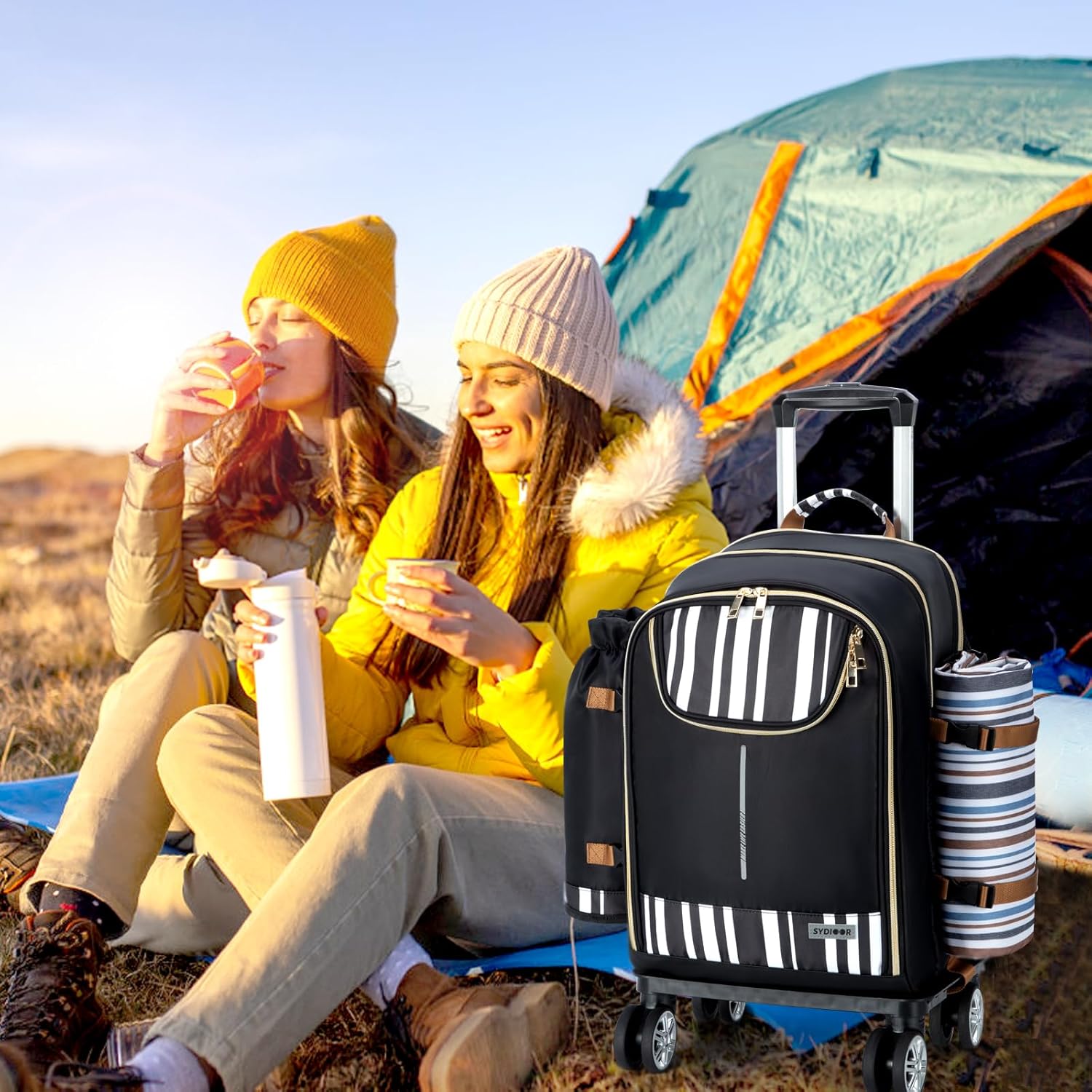 Trolley Picnic Backpack for 4 Person - Blanket  Tableware Set, Detachable Wine Pouch - Ideal for Beach, BBQ, Camping, Trip, Park, Gifts for Friends, Adventures, Patio, Lawn, Garden · v2