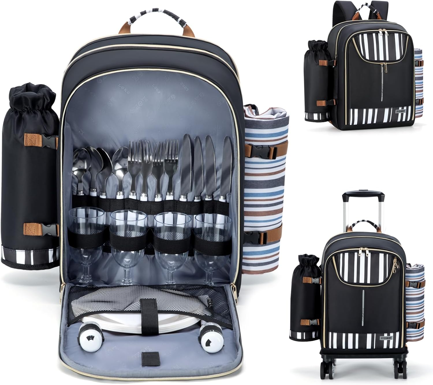 Trolley Picnic Backpack for 4 Person - Blanket  Tableware Set, Detachable Wine Pouch - Ideal for Beach, BBQ, Camping, Trip, Park, Gifts for Friends, Adventures, Patio, Lawn, Garden · v2