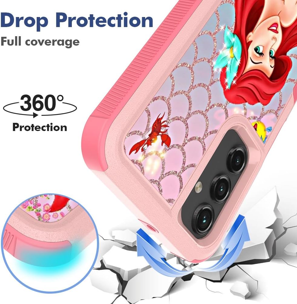 for Galaxy A15, Cute Mermaid Design Dual Layer Heavy Duty Shockproof Defender Case Silicone Protective Armor Women Girl Phone Covers for Samsung Galaxy A15 5G