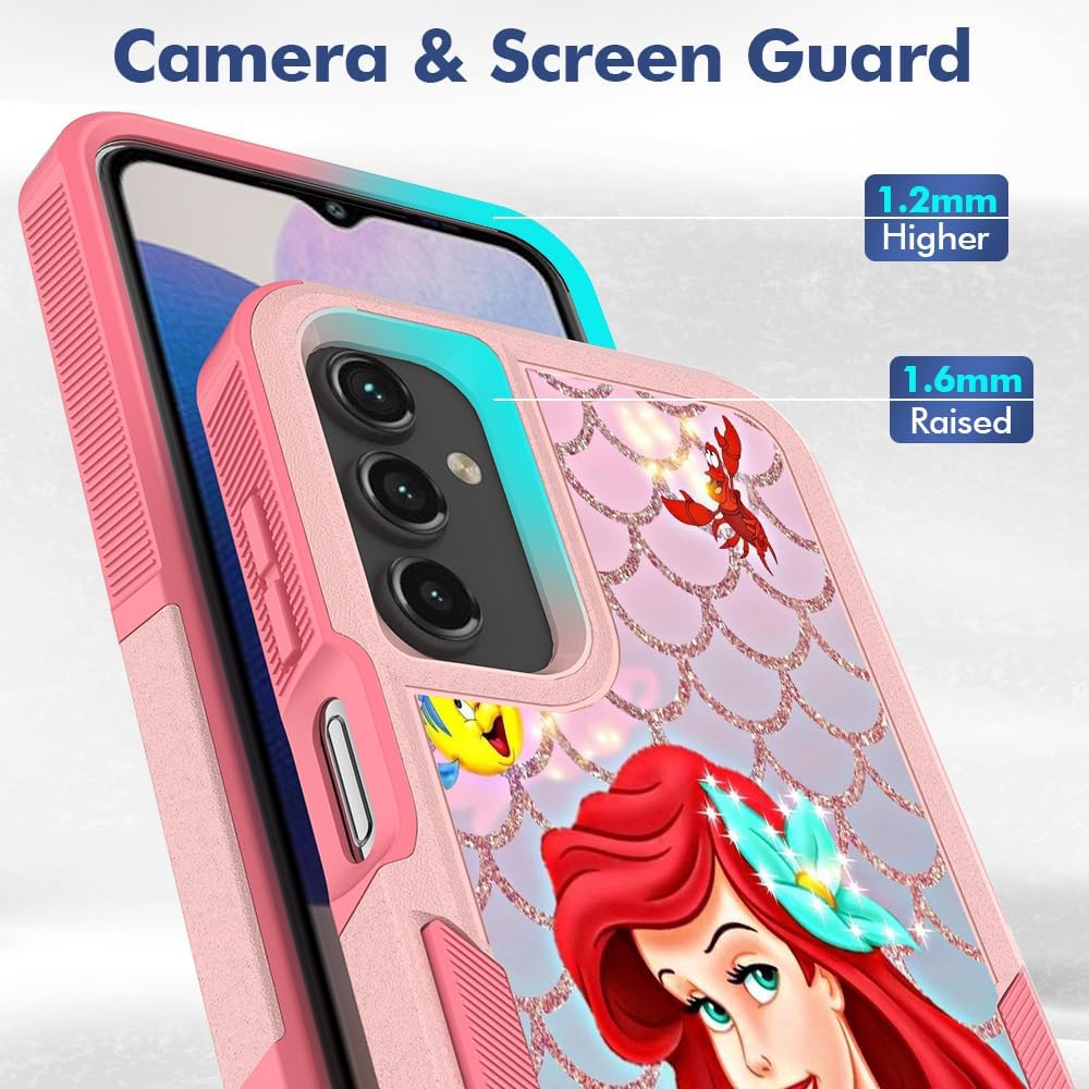 for Galaxy A15, Cute Mermaid Design Dual Layer Heavy Duty Shockproof Defender Case Silicone Protective Armor Women Girl Phone Covers for Samsung Galaxy A15 5G