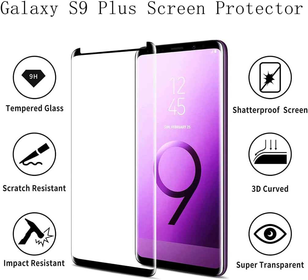 Protecteur d'écran pour Galaxy S9 Plus, lot de 3 protecteurs d'écran en verre trempé pour Galaxy S9 Plus, installation facile, film de protection d'écran en verre trempé 3D d'une dureté 9H pour Samsung Galaxy S9 Plus【Lot de 3】