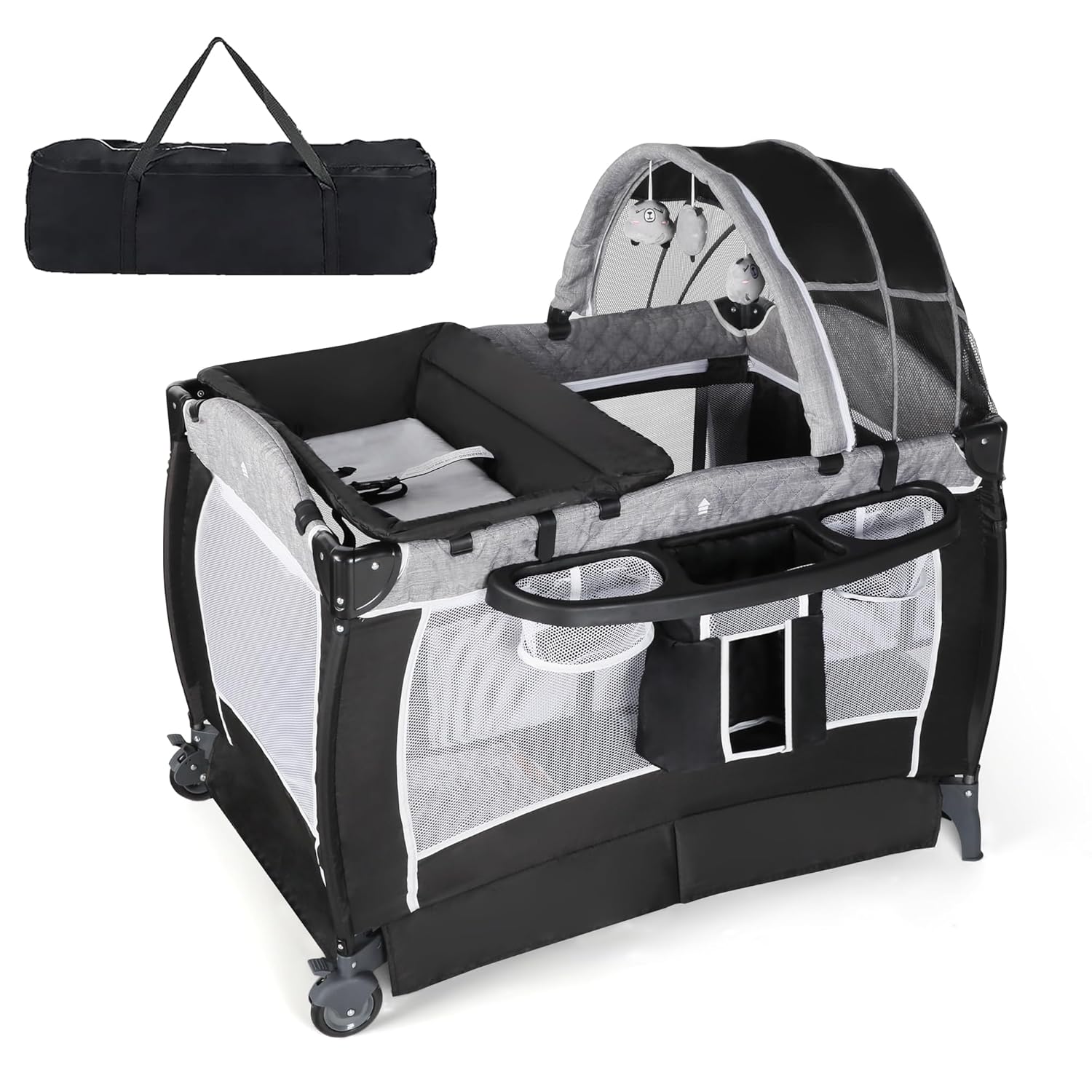 Pack and Play with Bassinet, 4-in-1 Baby Bassinet Bedside Crib, Folding Portable Baby Playard w/Baby Changing Table, Storage Basket, Removable Canopy with Soft Toys for Newborn to Toddlers
