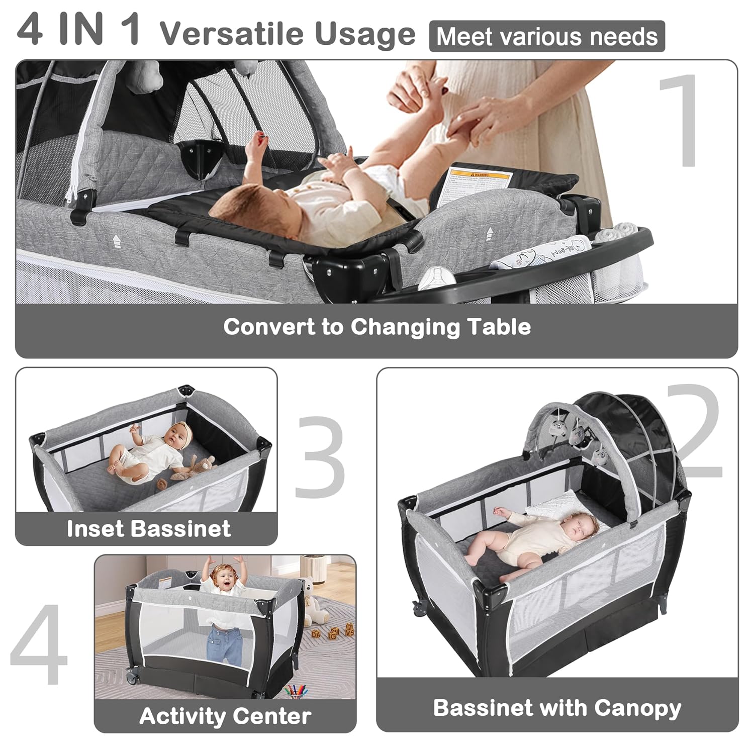 Pack and Play with Bassinet, 4-in-1 Baby Bassinet Bedside Crib, Folding Portable Baby Playard w/Baby Changing Table, Storage Basket, Removable Canopy with Soft Toys for Newborn to Toddlers