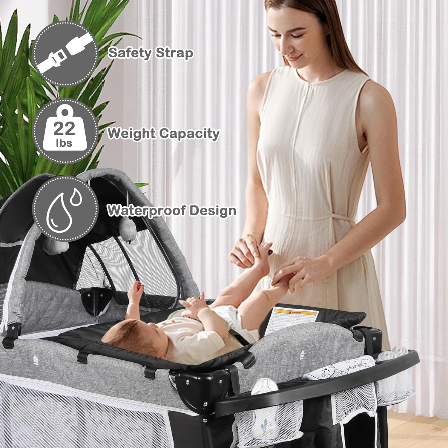 Pack and Play with Bassinet, 4-in-1 Baby Bassinet Bedside Crib, Folding Portable Baby Playard w/Baby Changing Table, Storage Basket, Removable Canopy with Soft Toys for Newborn to Toddlers
