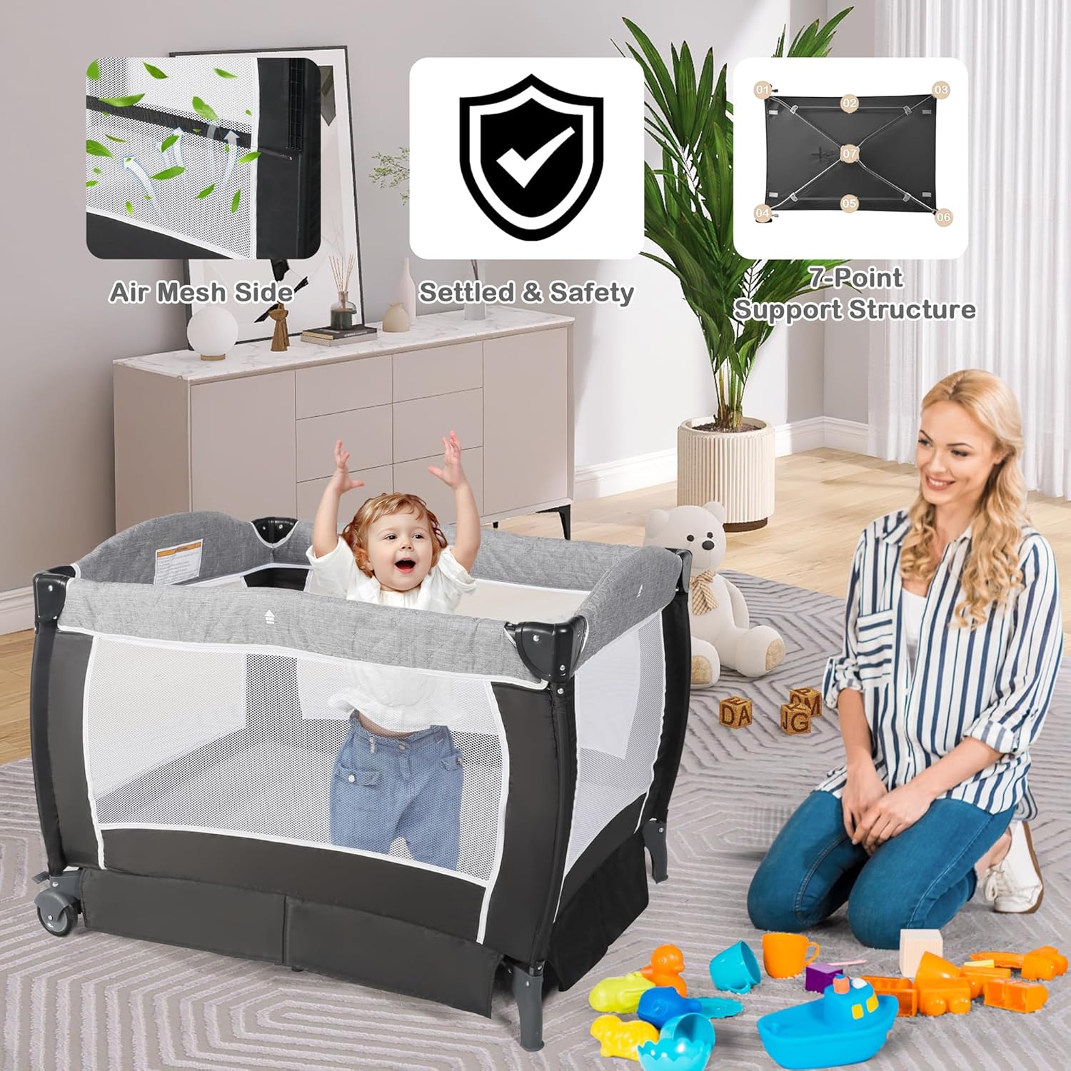 Pack and Play with Bassinet, 4-in-1 Baby Bassinet Bedside Crib, Folding Portable Baby Playard w/Baby Changing Table, Storage Basket, Removable Canopy with Soft Toys for Newborn to Toddlers