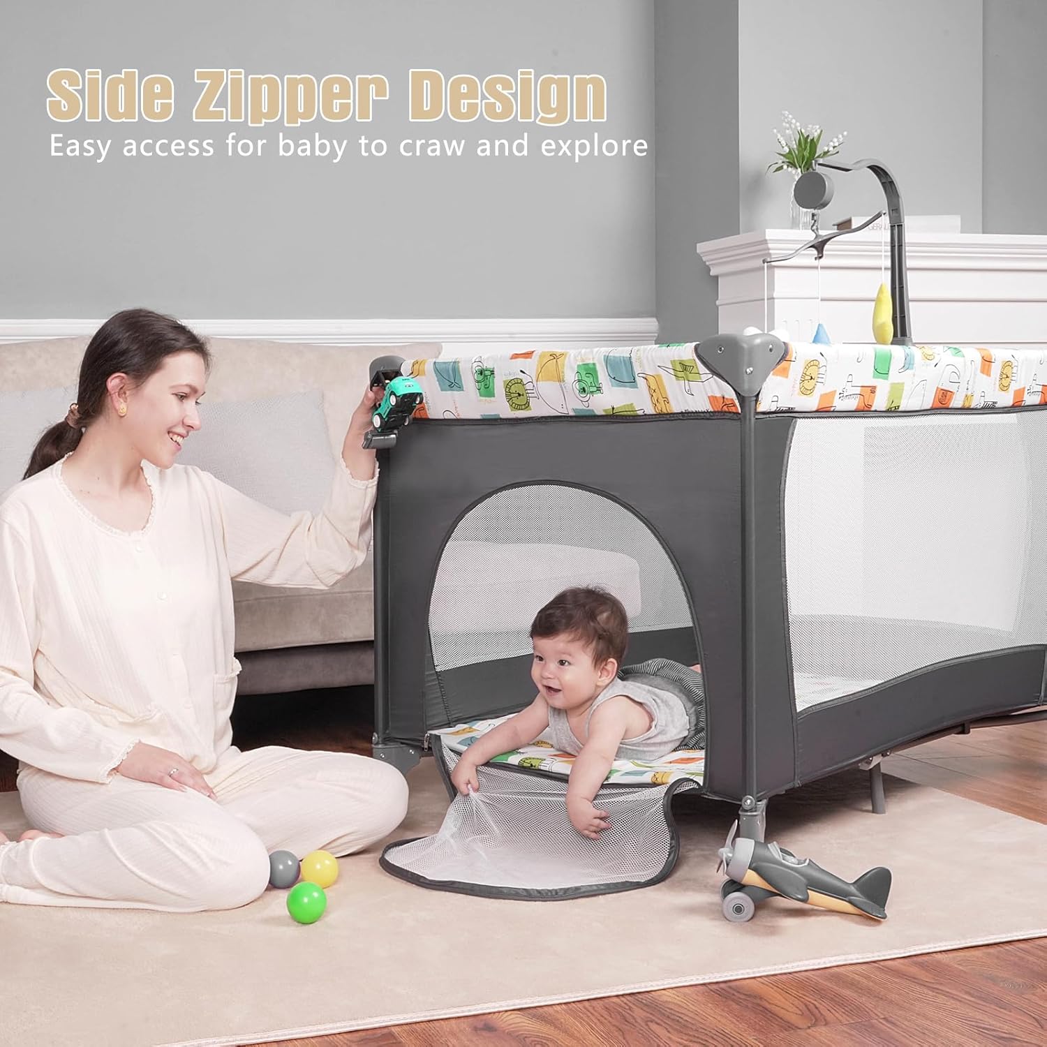 Tempat Tidur Bayi Lipat, Tempat Tidur Bayi Travel, dengan Meja Ganti Popok, Tempat Tidur Bayi Lipat Portabel, dengan Tas Jinjing, Tempat Tidur Bayi Lipat Portabel untuk Balita Usia 1-3 (Kartun)