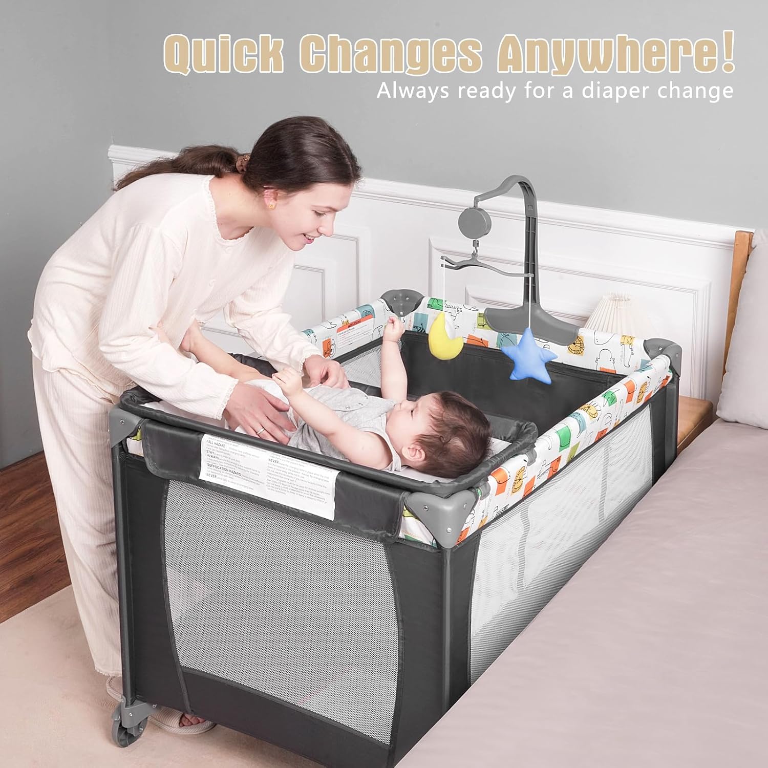 Tempat Tidur Bayi Lipat, Tempat Tidur Bayi Travel, dengan Meja Ganti Popok, Tempat Tidur Bayi Lipat Portabel, dengan Tas Jinjing, Tempat Tidur Bayi Lipat Portabel untuk Balita Usia 1-3 (Kartun)