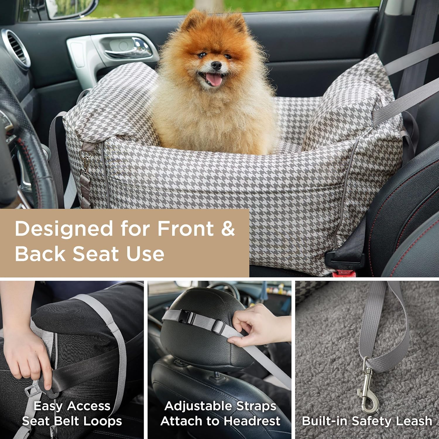Lesure Small Dog Car Seat for Small Dogs - Waterproof Dog Booster Seat for Car with Storage Pockets and Clip-On Safety Leash and Thickened Memory Foam Filling, Pet Travel Carrier Bed Grey Houndstooth