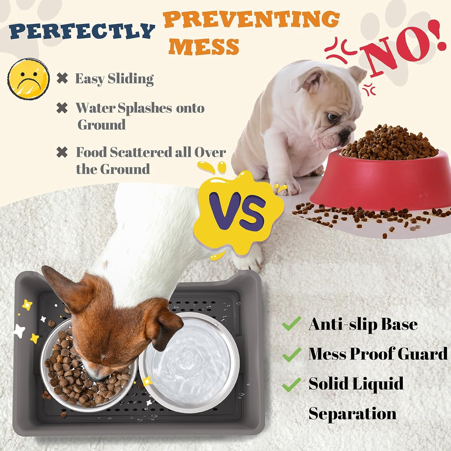 Mess Proof Dog Bowls, No Mess Dog Food and Water Bowl Set, No Spill Edge Pet Feeder with 2 Stainless Steel Bowls for Medium Dogs