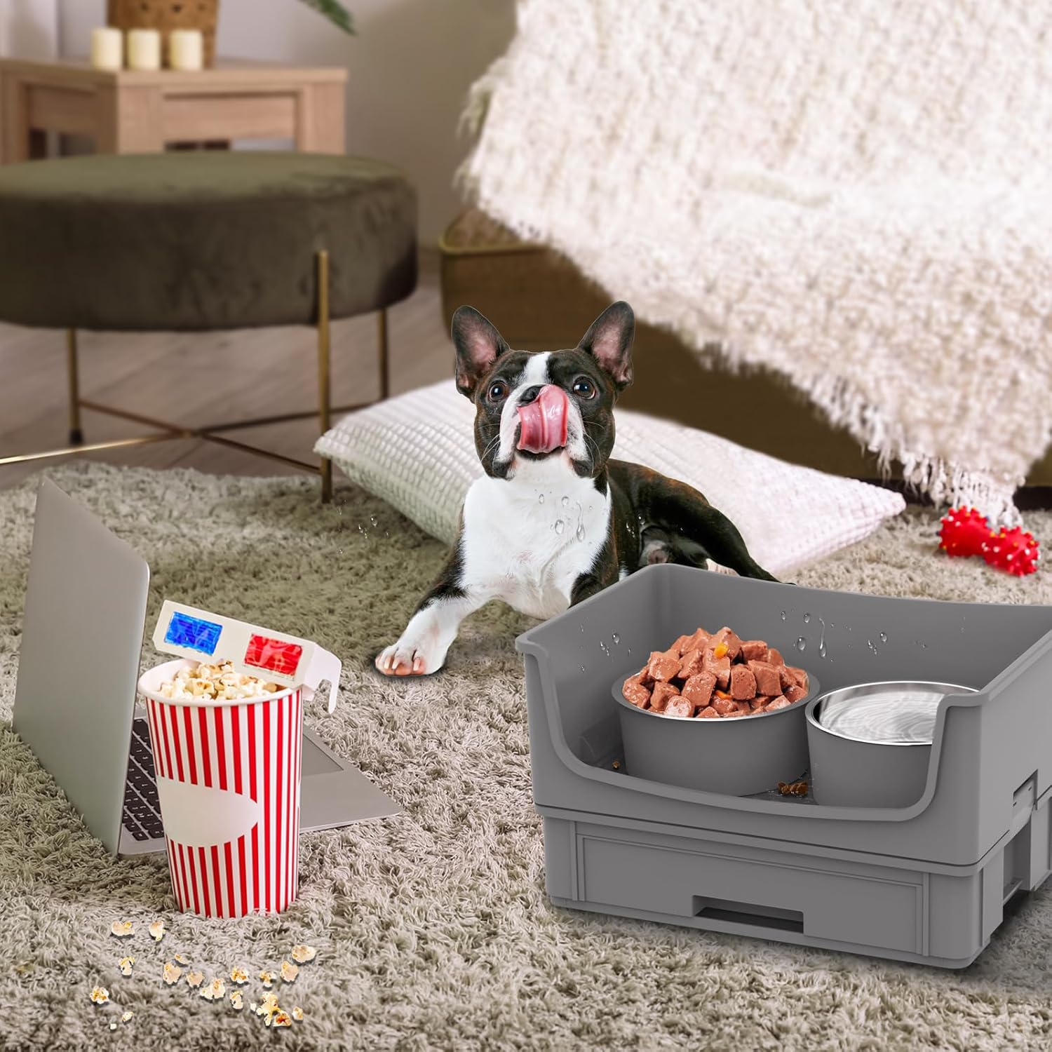 Mess Proof Dog Bowls, No Mess Dog Food and Water Bowl Set, No Spill Edge Pet Feeder with 2 Stainless Steel Bowls for Medium Dogs