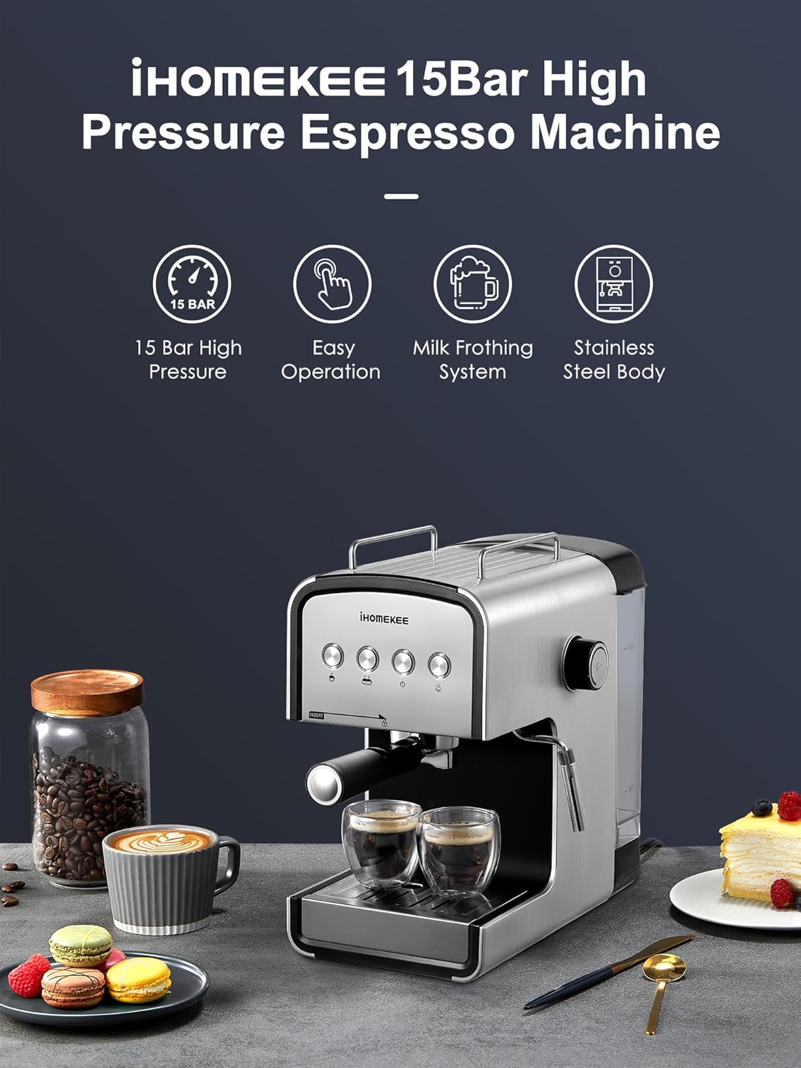 Espresso makinesi, CM6822 Süt Köpürtücü ile Cappuccino ve Latte Makinesi için 15 Bar Kahve Makinesi, Çıkarılabilir Su Deposu, Ev, Ofis için Hızlı Isıtmalı Kahve Makinesi