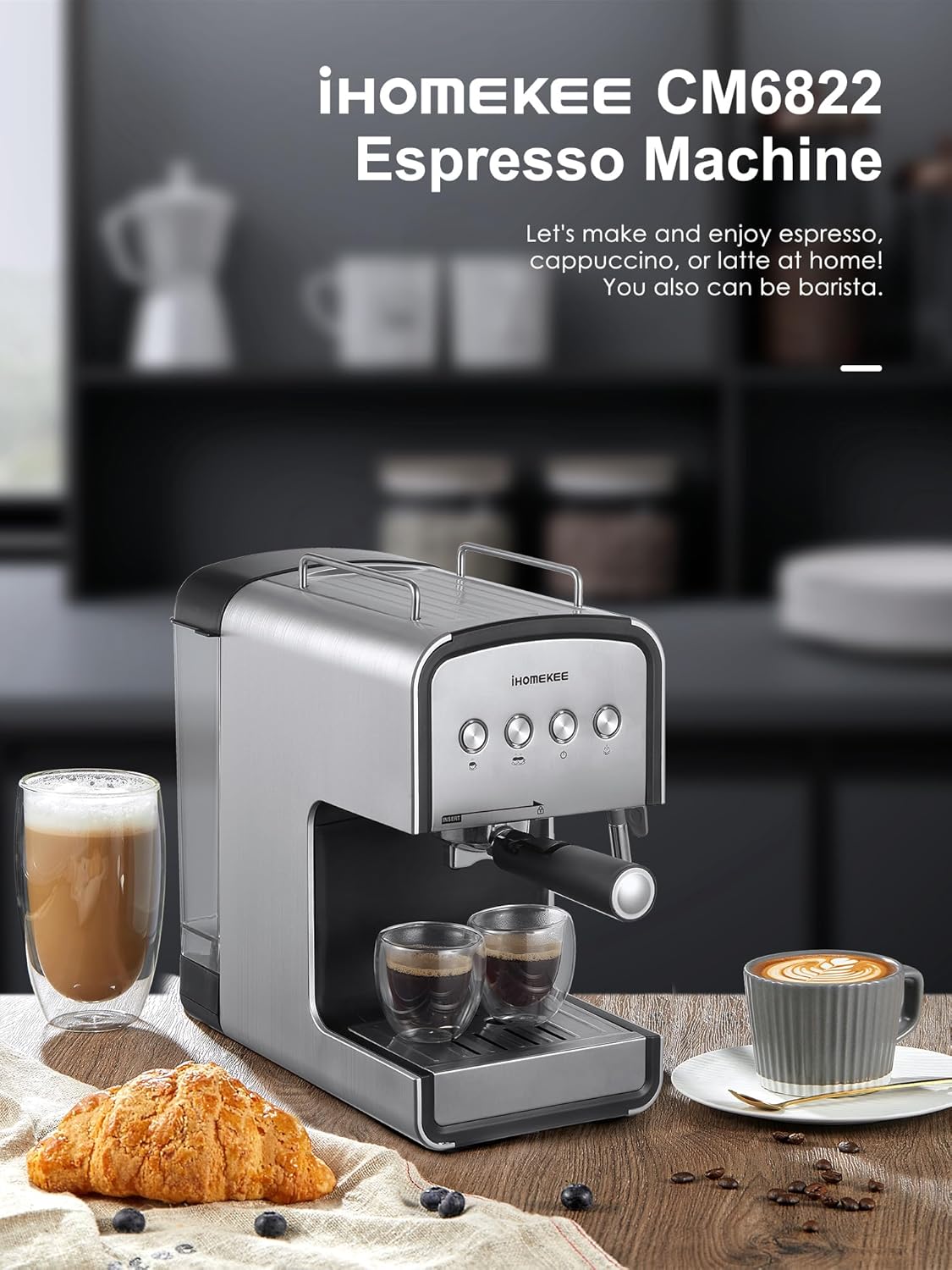 Espresso makinesi, CM6822 Süt Köpürtücü ile Cappuccino ve Latte Makinesi için 15 Bar Kahve Makinesi, Çıkarılabilir Su Deposu, Ev, Ofis için Hızlı Isıtmalı Kahve Makinesi