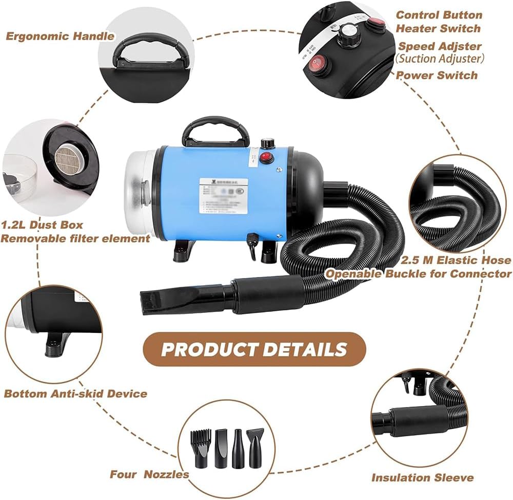 Dog Dryer Pet Grooming Hair Dryer with Heater/Vacuum  Dryer/Adjustable Speed and Temperature Control Dog Blower 4 Different Nozzles for Home, Pet Washing Station, Travel · v9