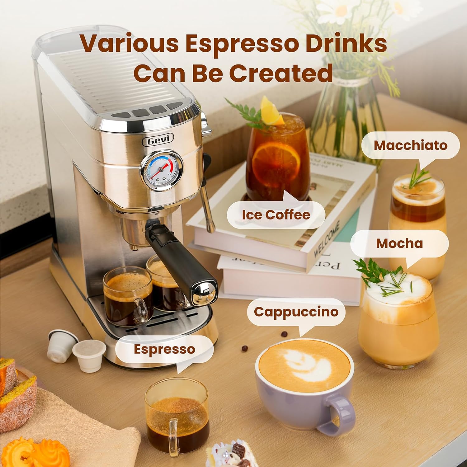 Gevi Espresso Machine 20 Bar with Portafilter for Nespresso Original Capsules and Coffee Powder, Professional Espresso Maker with Milk Frother, Super-Automatic Espresso Machines, Gift for Coffee Lover · v2