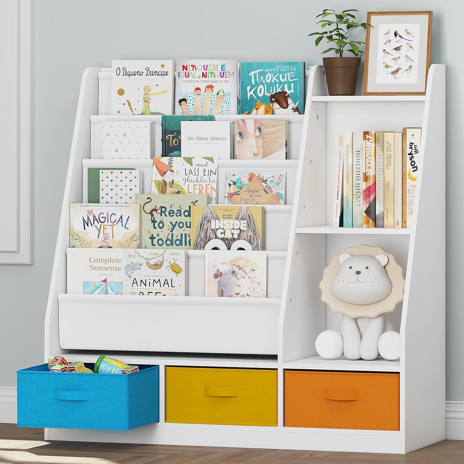 UTEX 5-Tier Kids Sling Bookshelf with Storage Bins, Wood Children Bookcase, Toddler Montessori Book Shelf for Kids Room, Classroom, Bedroom, and Nursery, White · v3