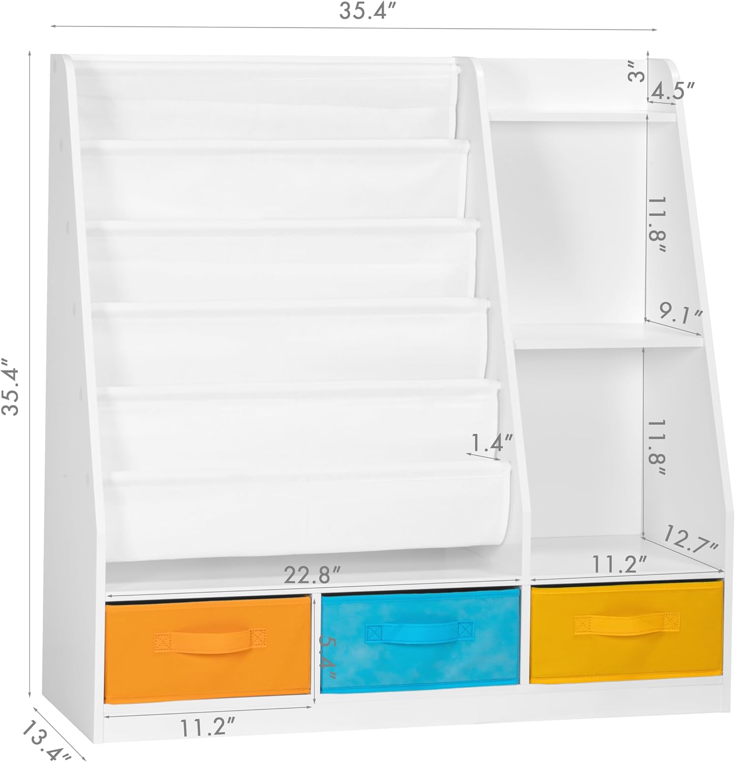 UTEX 5-Tier Kids Sling Bookshelf with Storage Bins, Wood Children Bookcase, Toddler Montessori Book Shelf for Kids Room, Classroom, Bedroom, and Nursery, White · v3