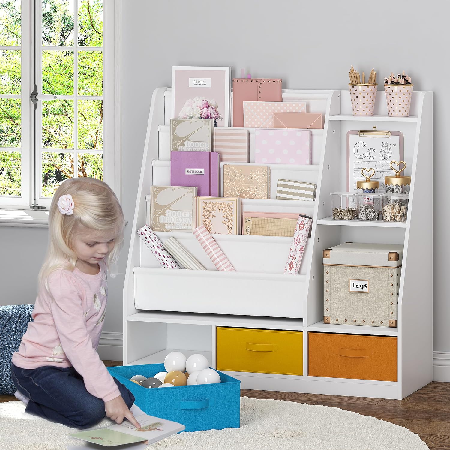 UTEX 5-Tier Kids Sling Bookshelf with Storage Bins, Wood Children Bookcase, Toddler Montessori Book Shelf for Kids Room, Classroom, Bedroom, and Nursery, White · v3