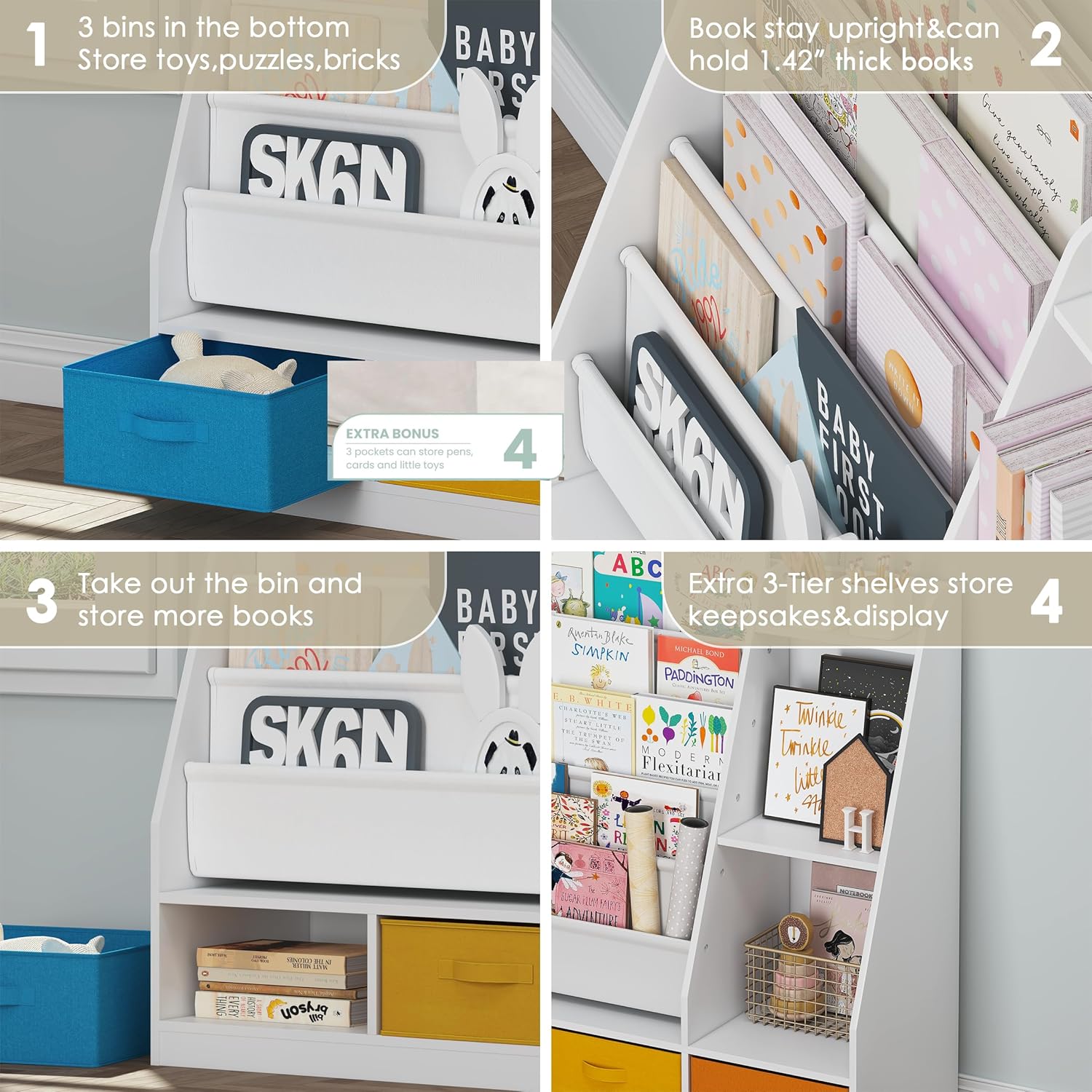 UTEX 5-Tier Kids Sling Bookshelf with Storage Bins, Wood Children Bookcase, Toddler Montessori Book Shelf for Kids Room, Classroom, Bedroom, and Nursery, White · v3