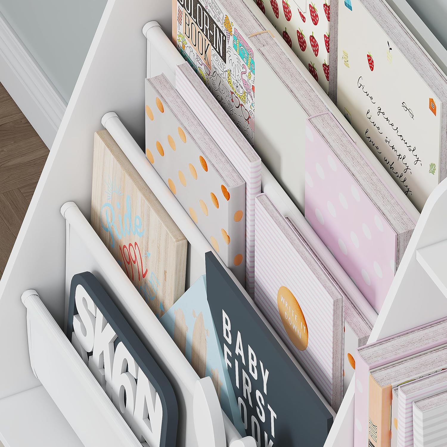 UTEX 5-Tier Kids Sling Bookshelf with Storage Bins, Wood Children Bookcase, Toddler Montessori Book Shelf for Kids Room, Classroom, Bedroom, and Nursery, White · v3