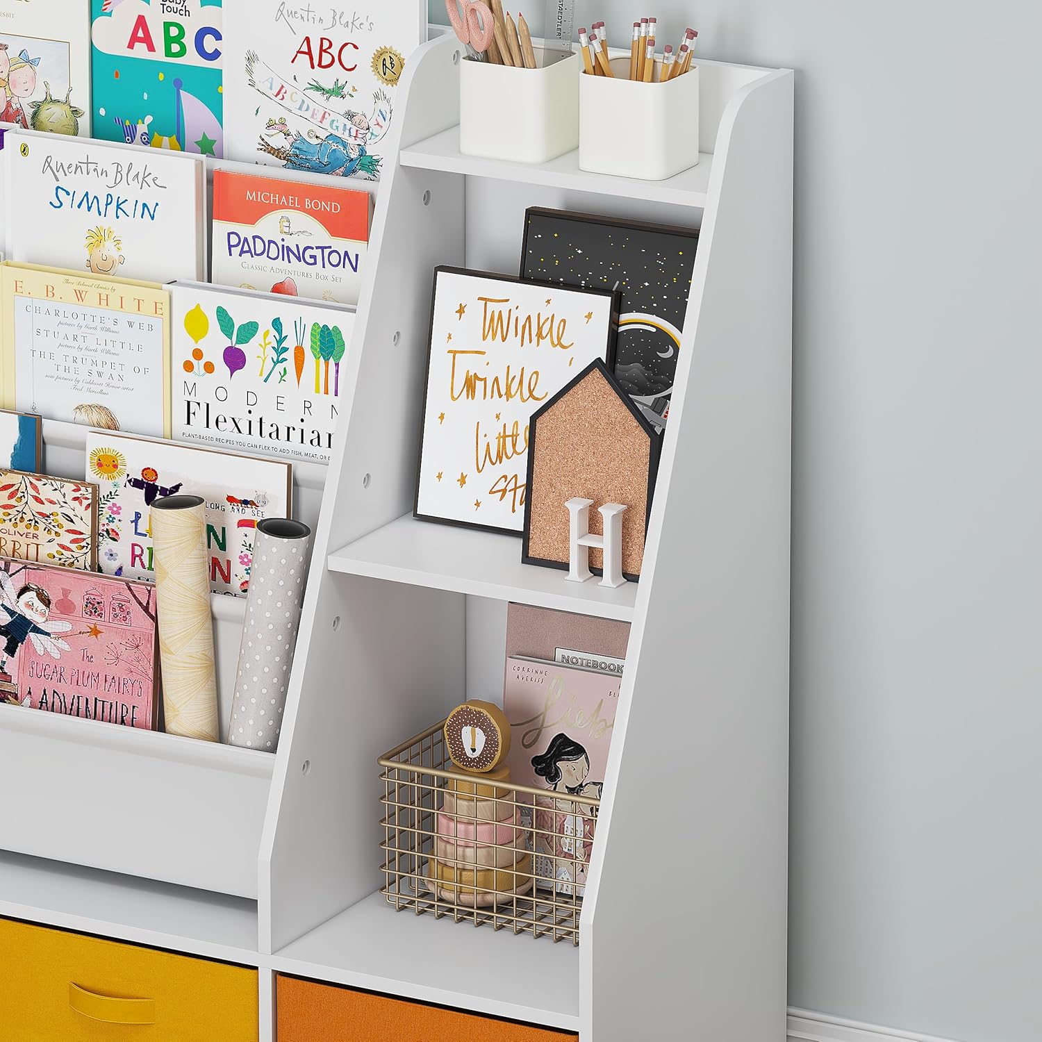 UTEX 5-Tier Kids Sling Bookshelf with Storage Bins, Wood Children Bookcase, Toddler Montessori Book Shelf for Kids Room, Classroom, Bedroom, and Nursery, White · v3